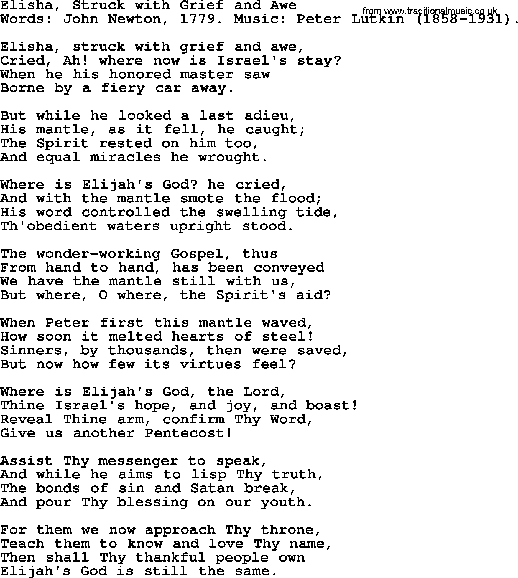 John Newton hymn: Elisha, Struck With Grief And Awe, lyrics