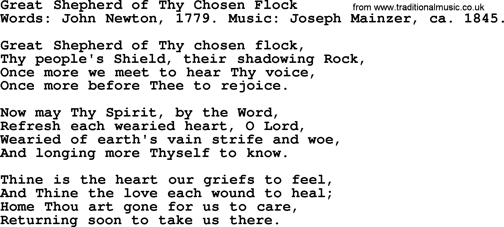 John Newton hymn: Great Shepherd Of Thy Chosen Flock, lyrics