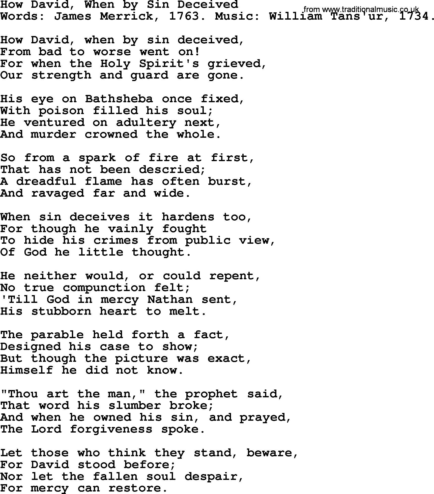 John Newton hymn: How David, When By Sin Deceived, lyrics