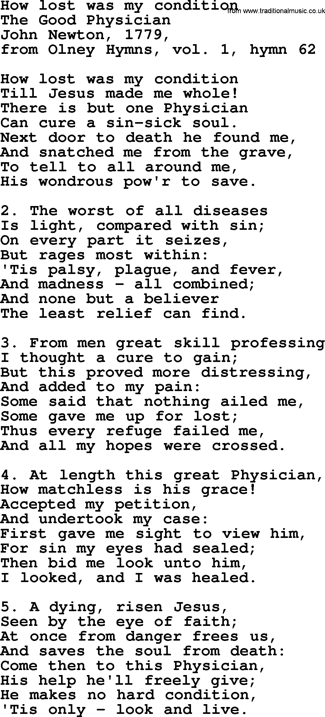 John Newton hymn: How Lost Was My Condition, lyrics