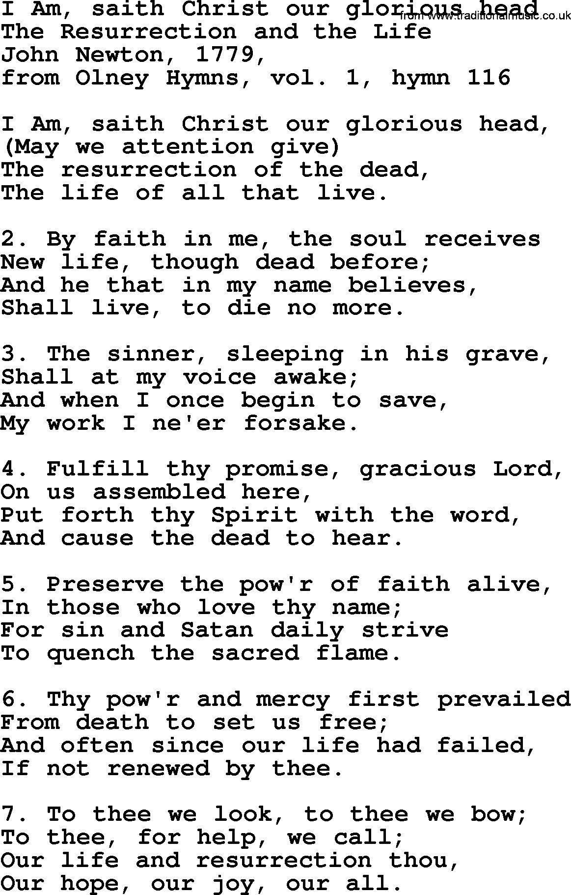 John Newton hymn: I Am, Saith Christ Our Glorious Head, lyrics