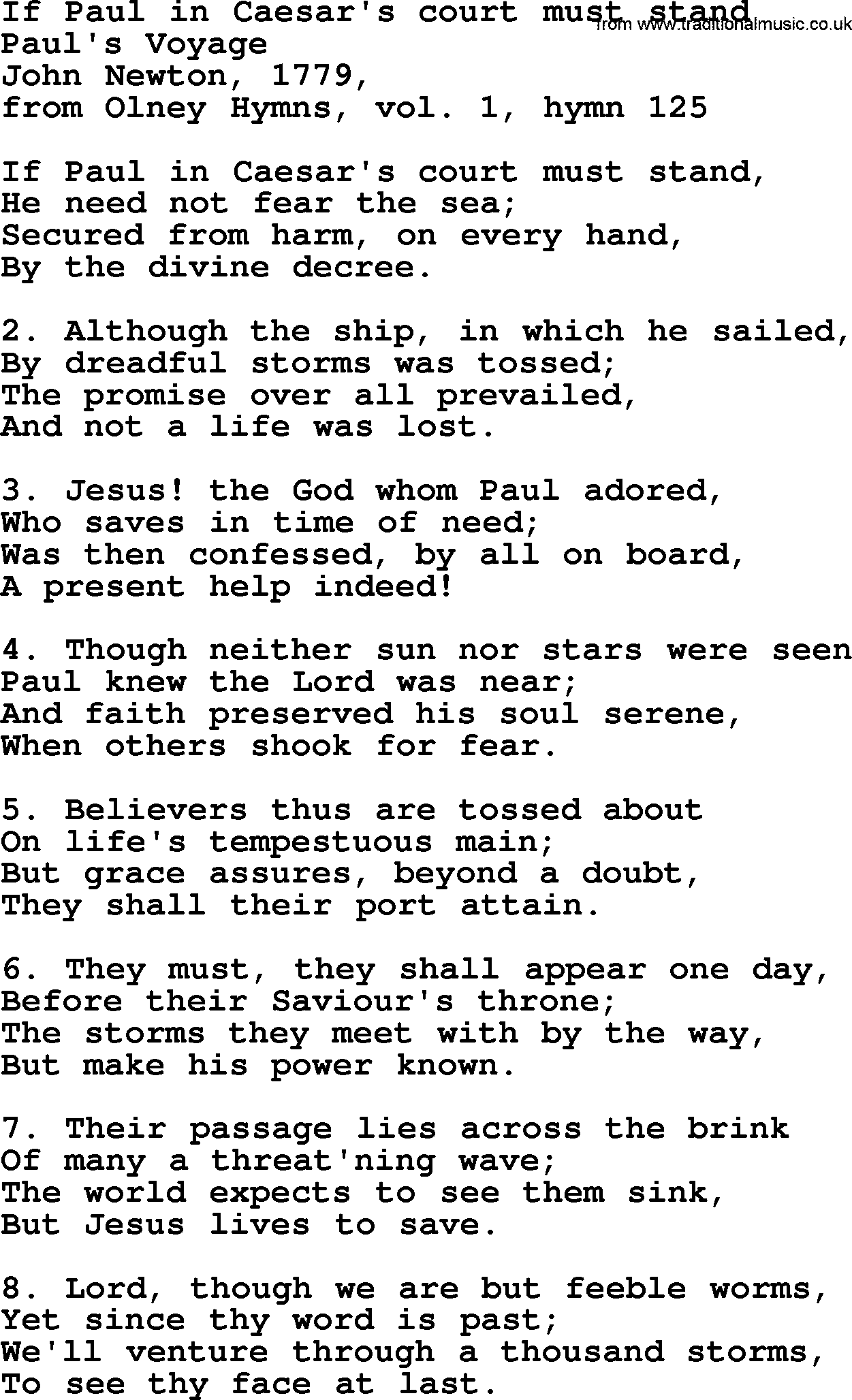 John Newton hymn: If Paul In Caesar's Court Must Stand, lyrics