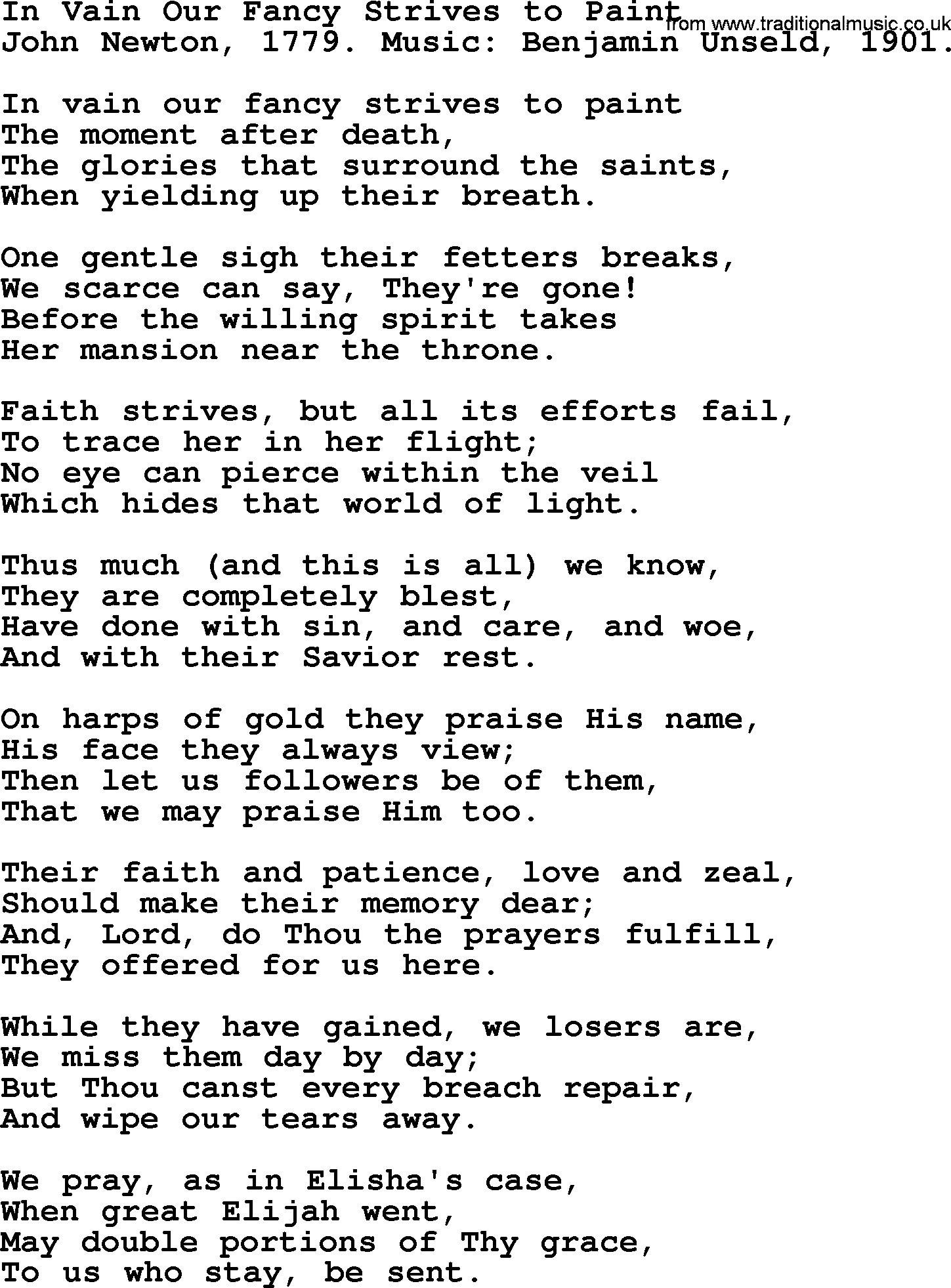 John Newton hymn: In Vain Our Fancy Strives To Paint, lyrics