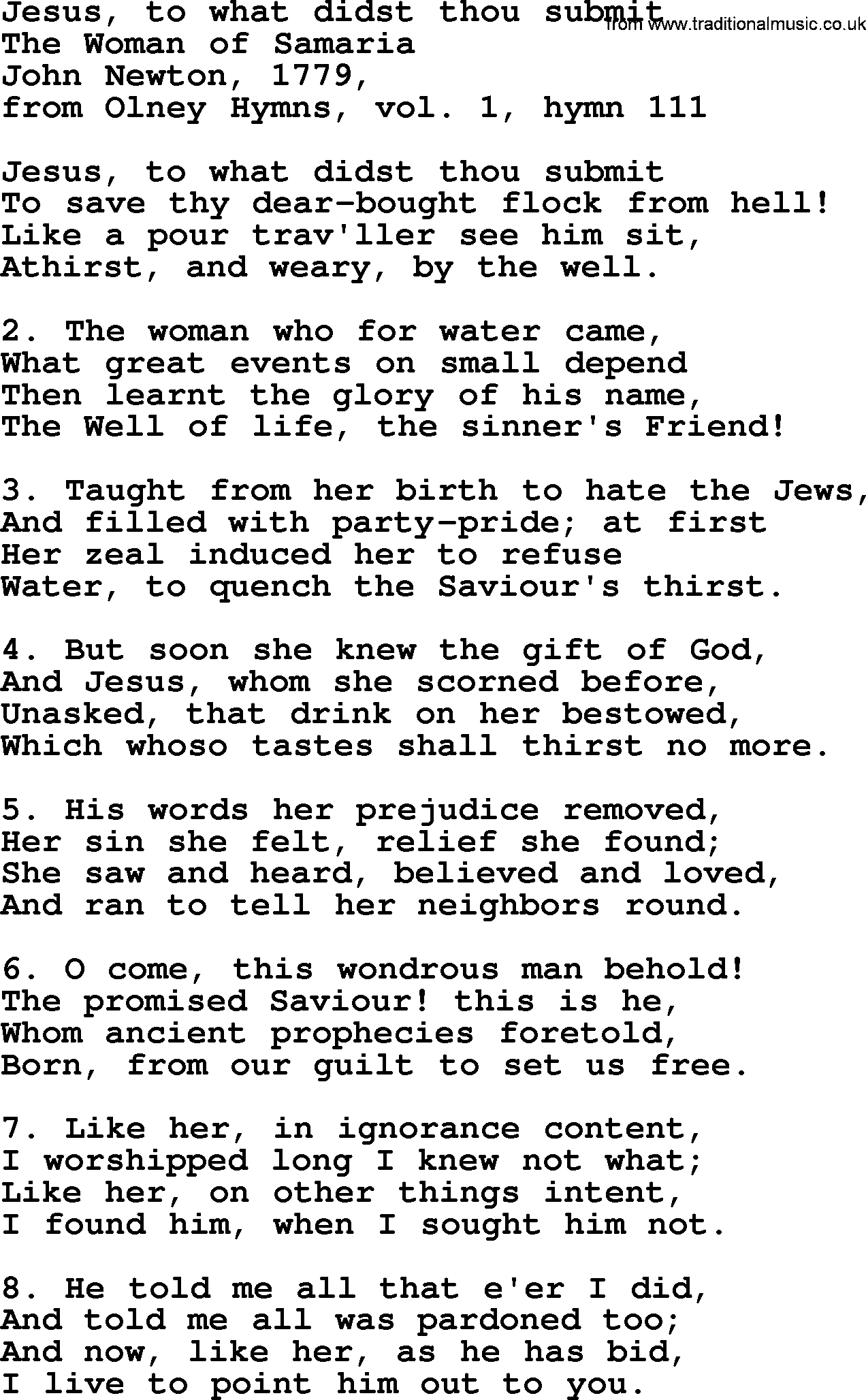 John Newton hymn: Jesus, To What Didst Thou Submit, lyrics