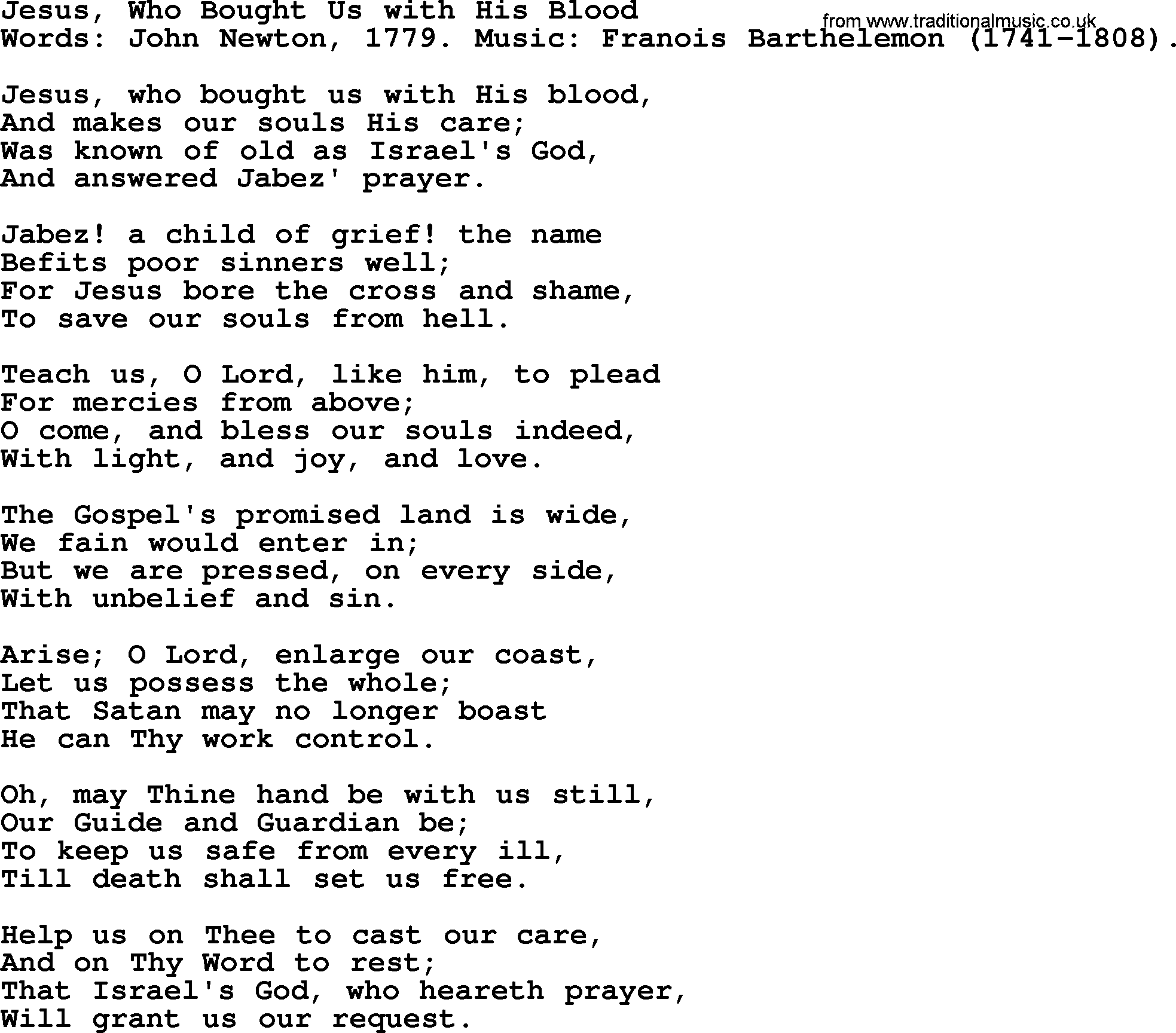 John Newton hymn: Jesus, Who Bought Us With His Blood, lyrics