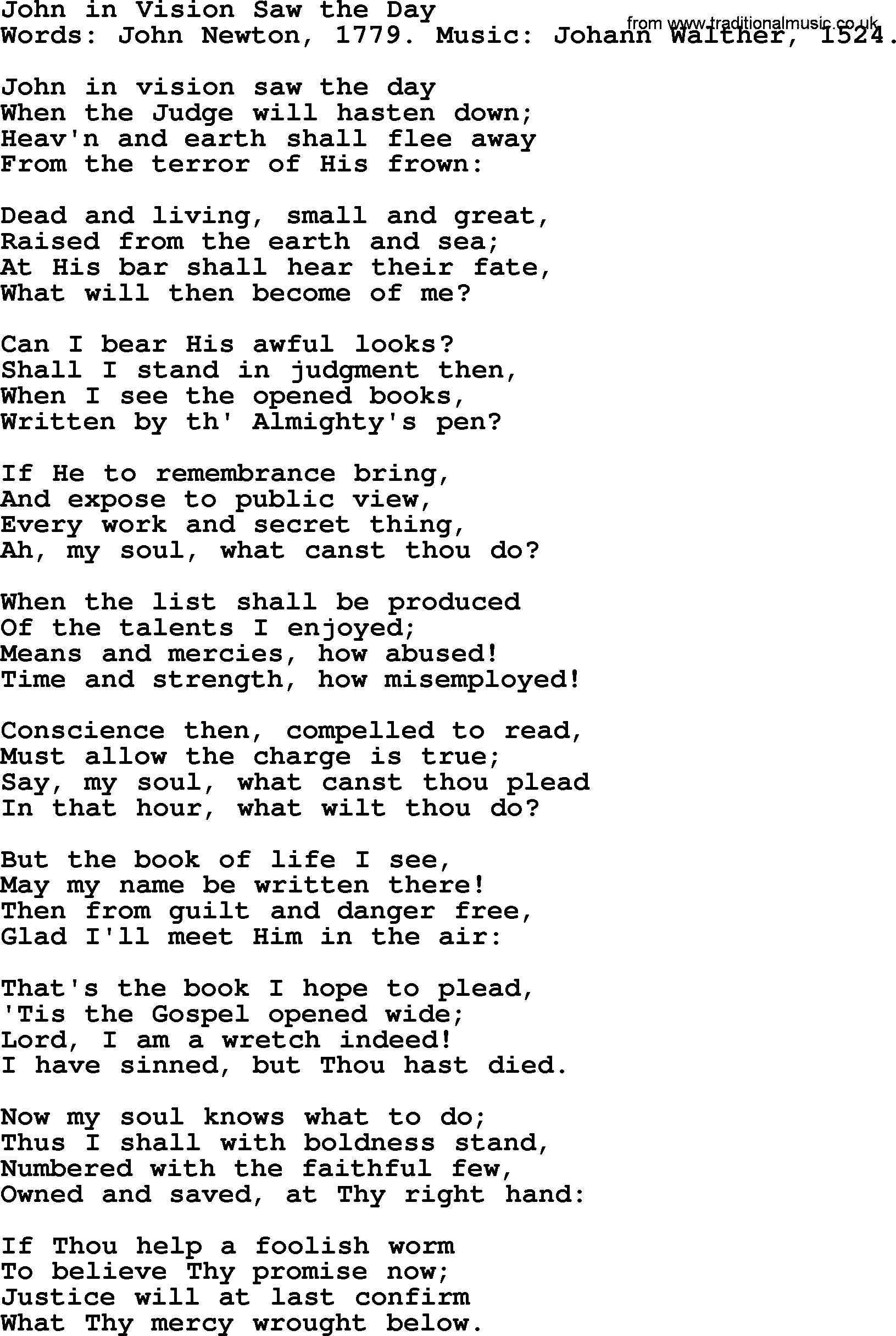 John Newton hymn: John In Vision Saw The Day, lyrics