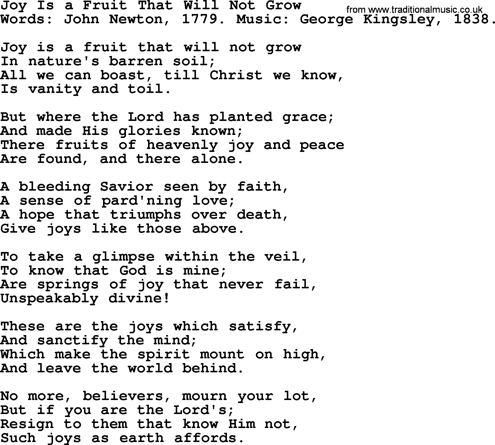 John Newton hymn: Joy Is A Fruit That Will Not Grow, lyrics