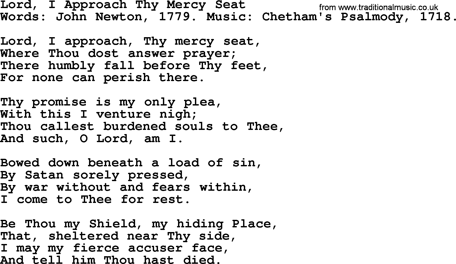 John Newton hymn: Lord, I Approach Thy Mercy Seat, lyrics