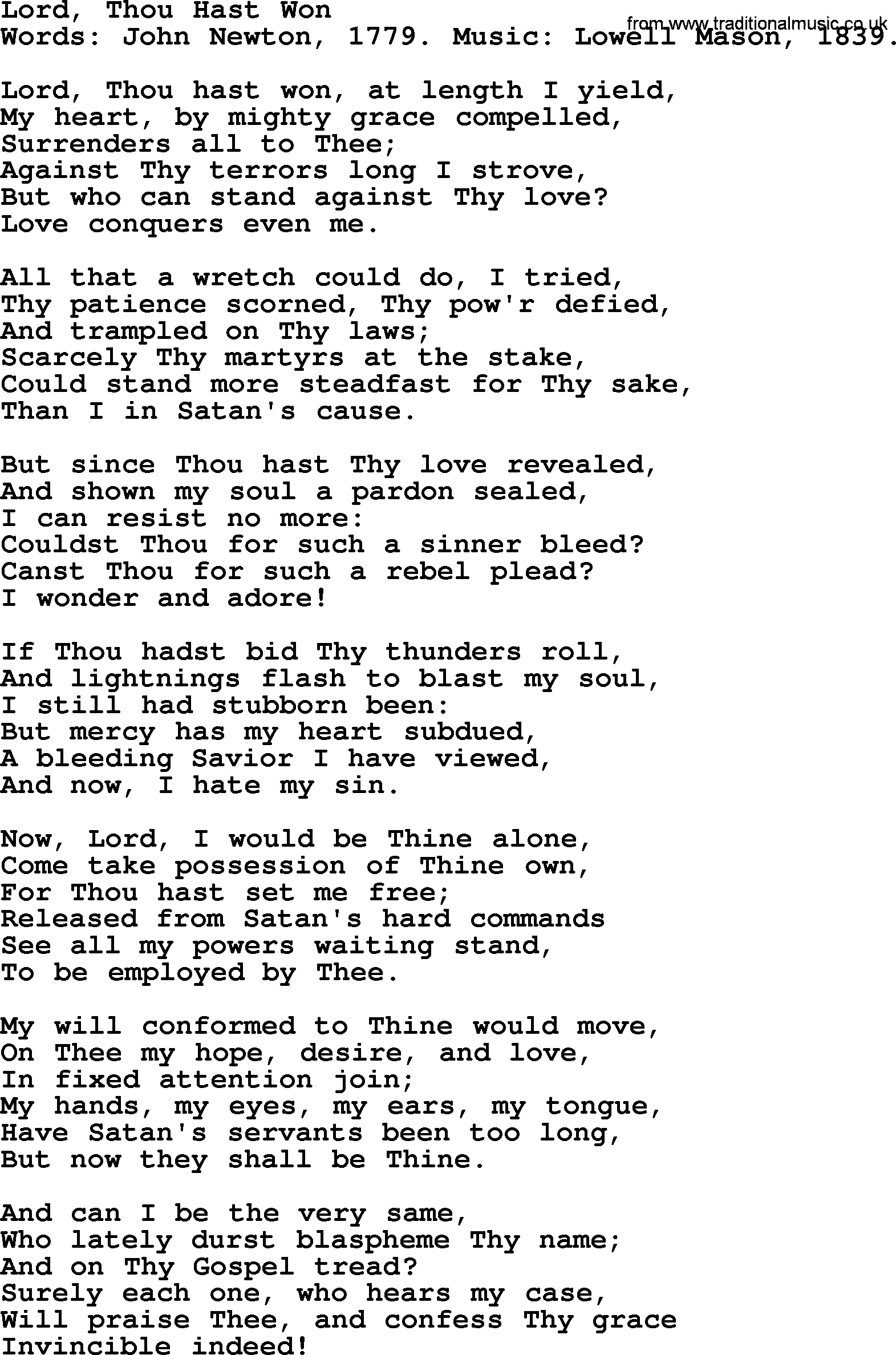 John Newton hymn: Lord, Thou Hast Won, lyrics
