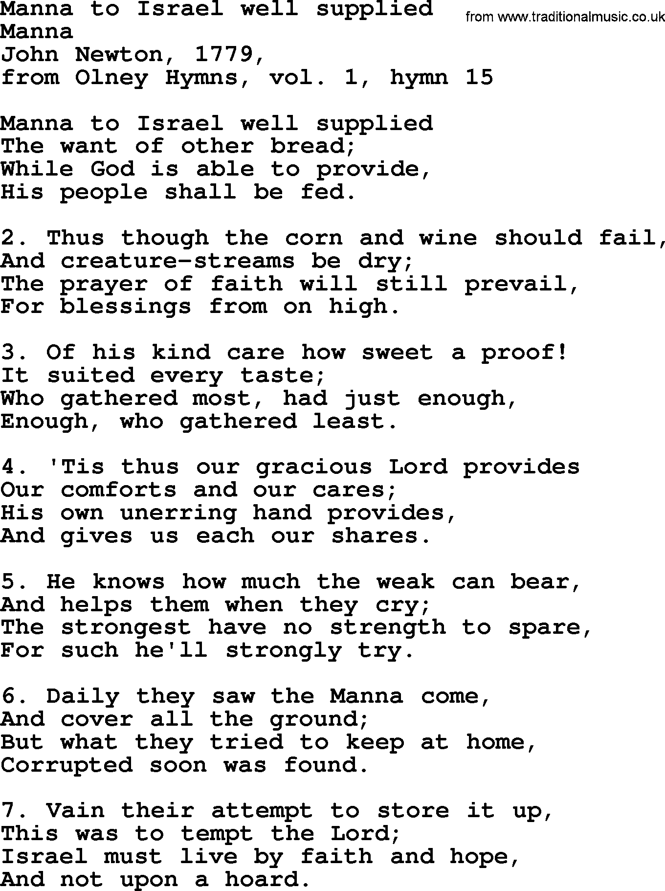 John Newton hymn: Manna To Israel Well Supplied, lyrics