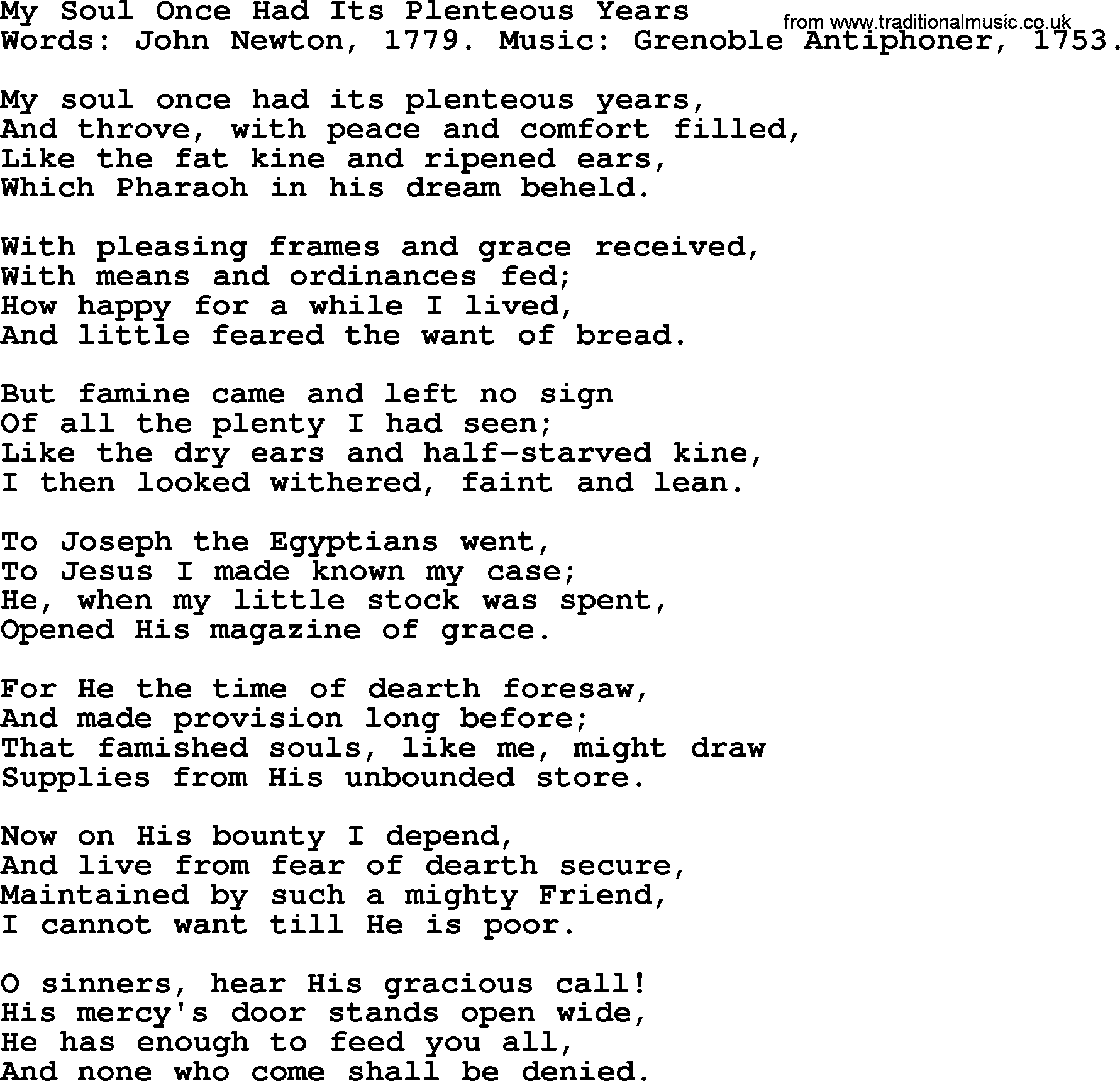 John Newton hymn: My Soul Once Had Its Plenteous Years, lyrics