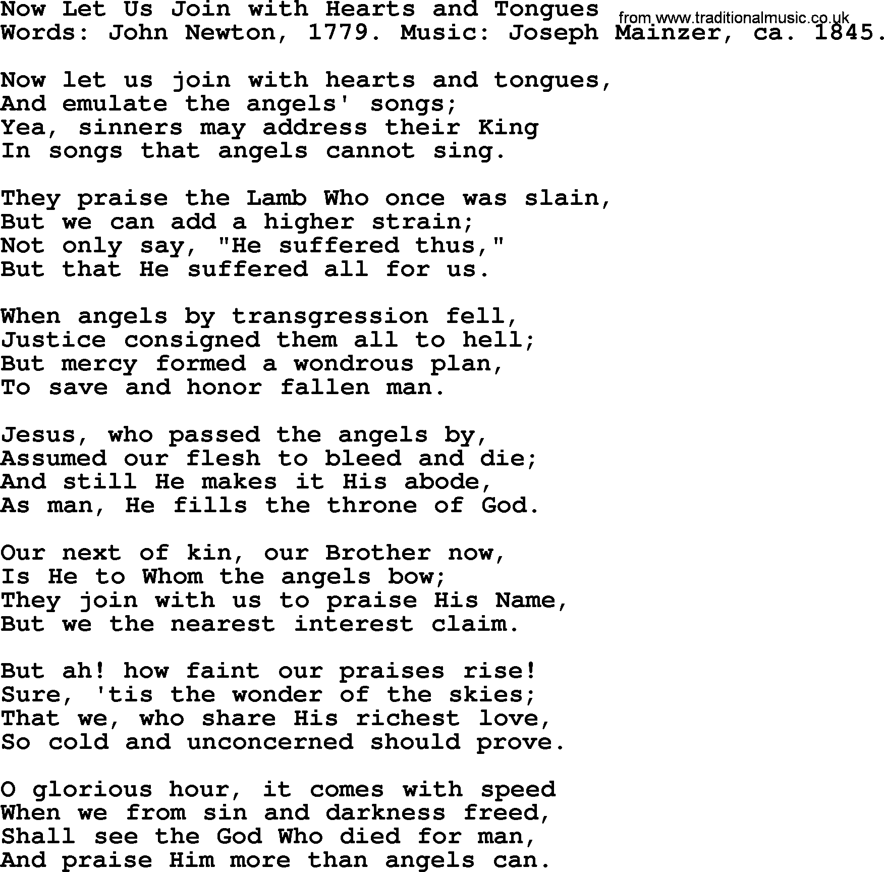 John Newton hymn: Now Let Us Join With Hearts And Tongues, lyrics