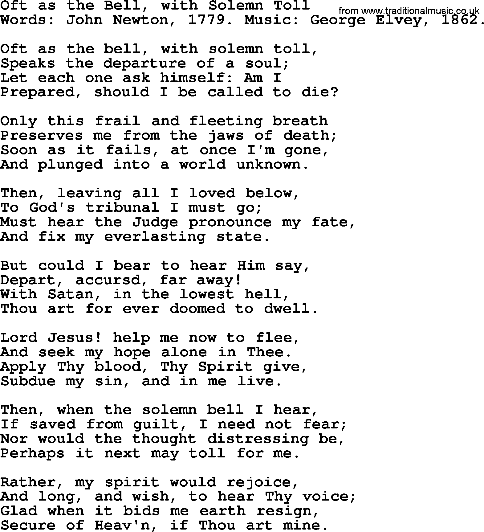 John Newton hymn: Oft As The Bell, With Solemn Toll, lyrics