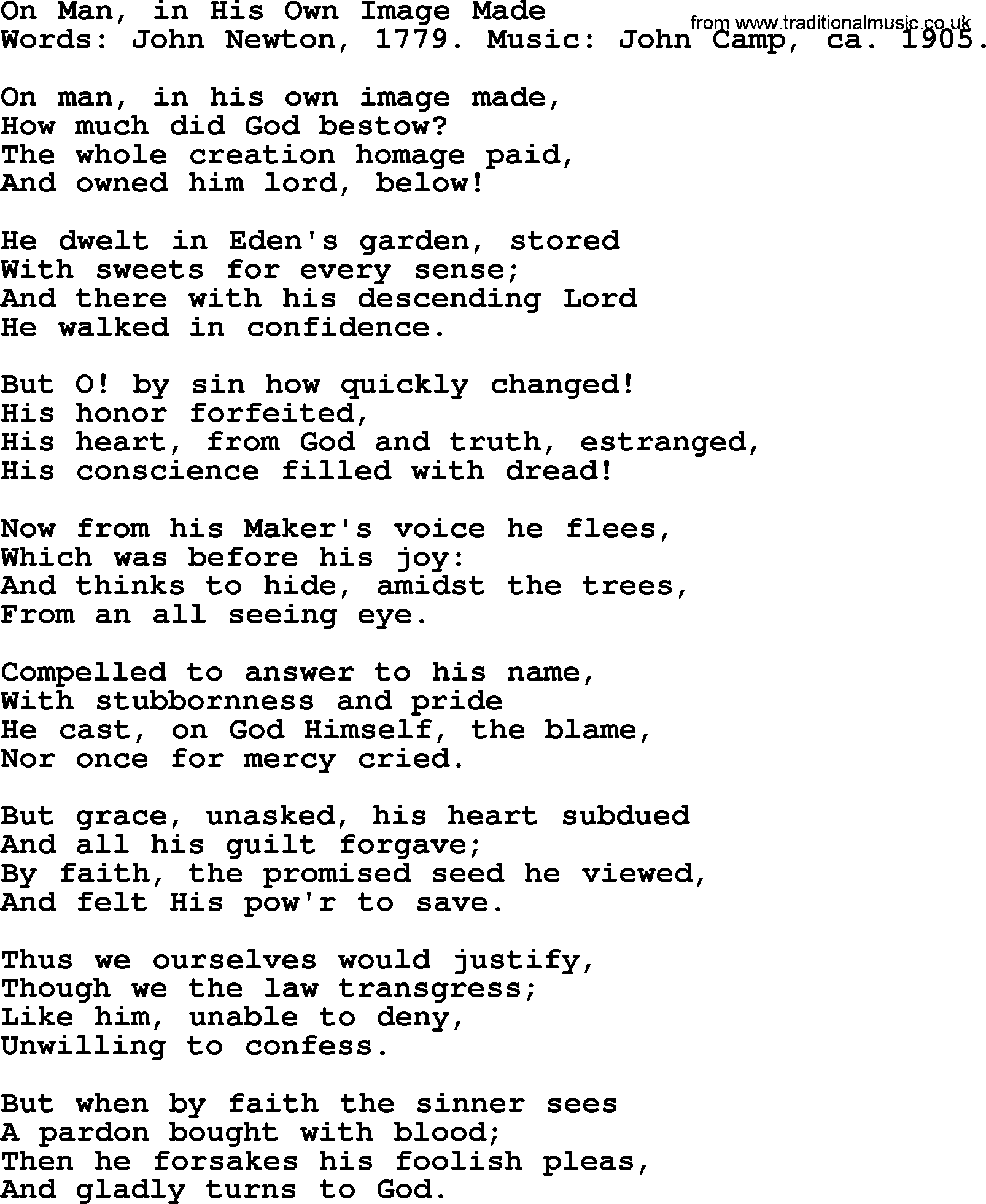 John Newton hymn: On Man, In His Own Image Made, lyrics