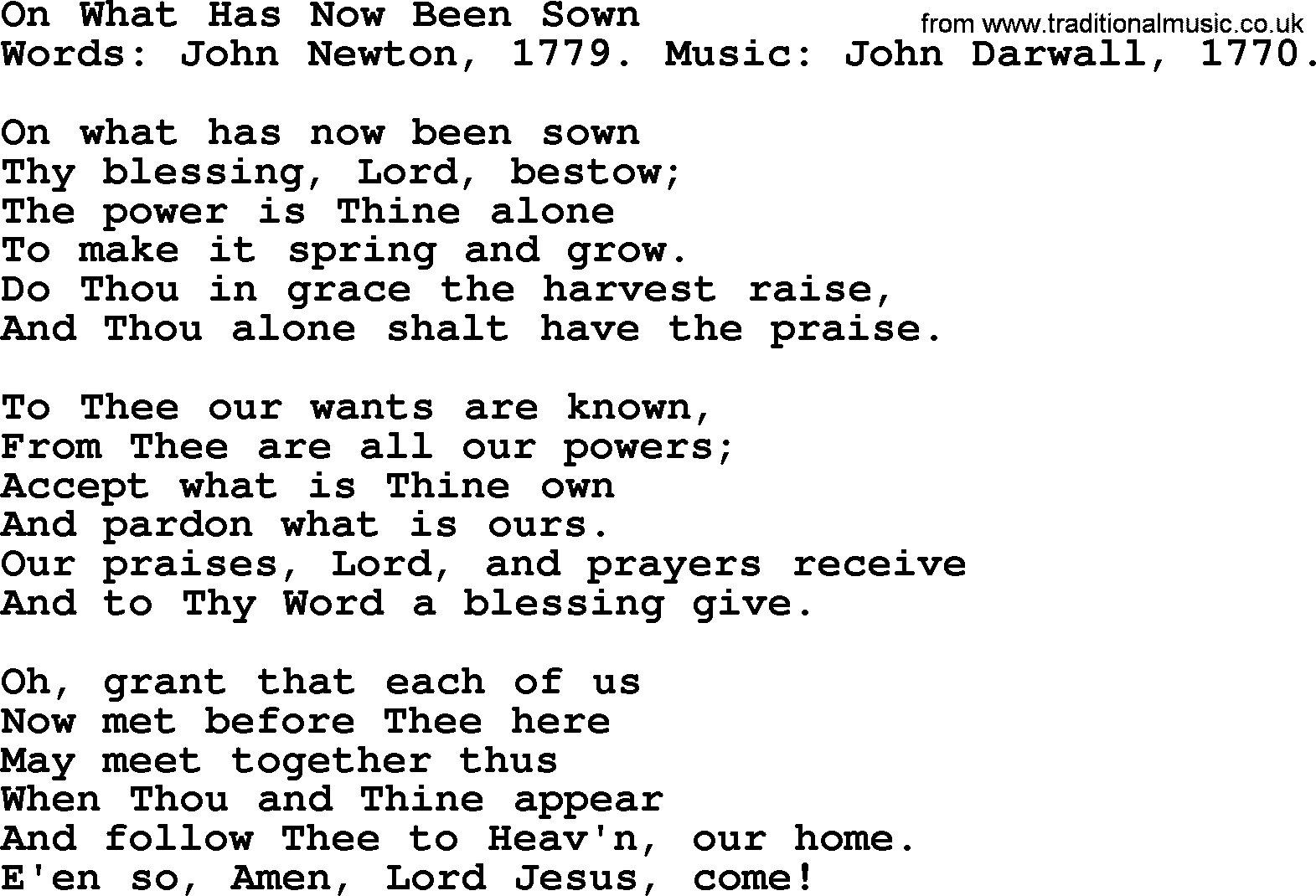 John Newton hymn: On What Has Now Been Sown, lyrics