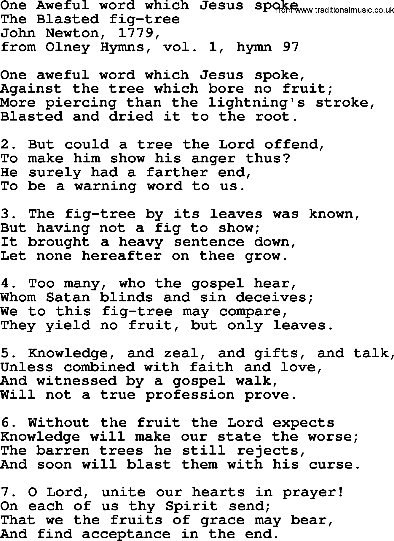 John Newton hymn: One Aweful Word Which Jesus Spoke, lyrics