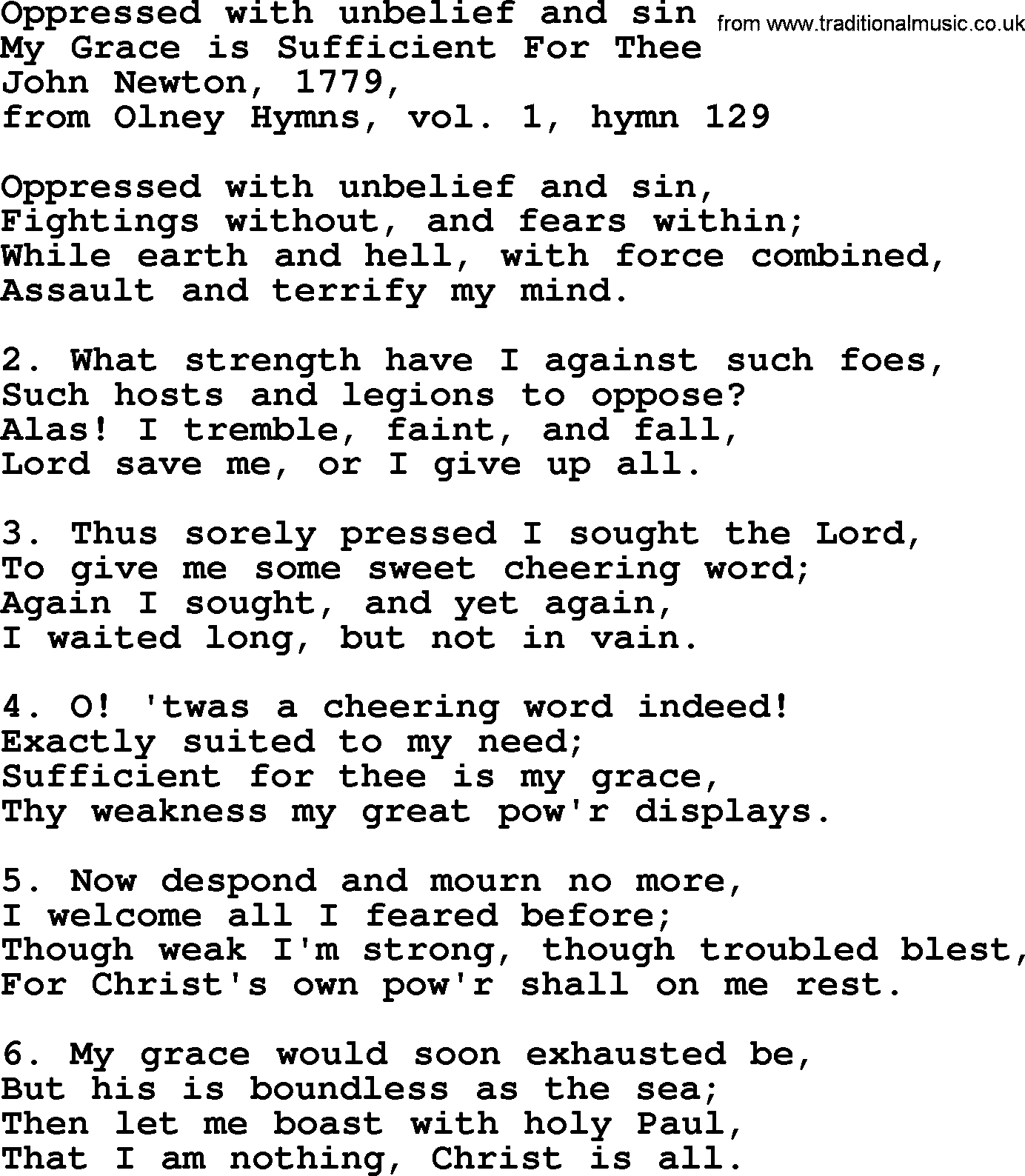 John Newton hymn: Oppressed With Unbelief And Sin, lyrics