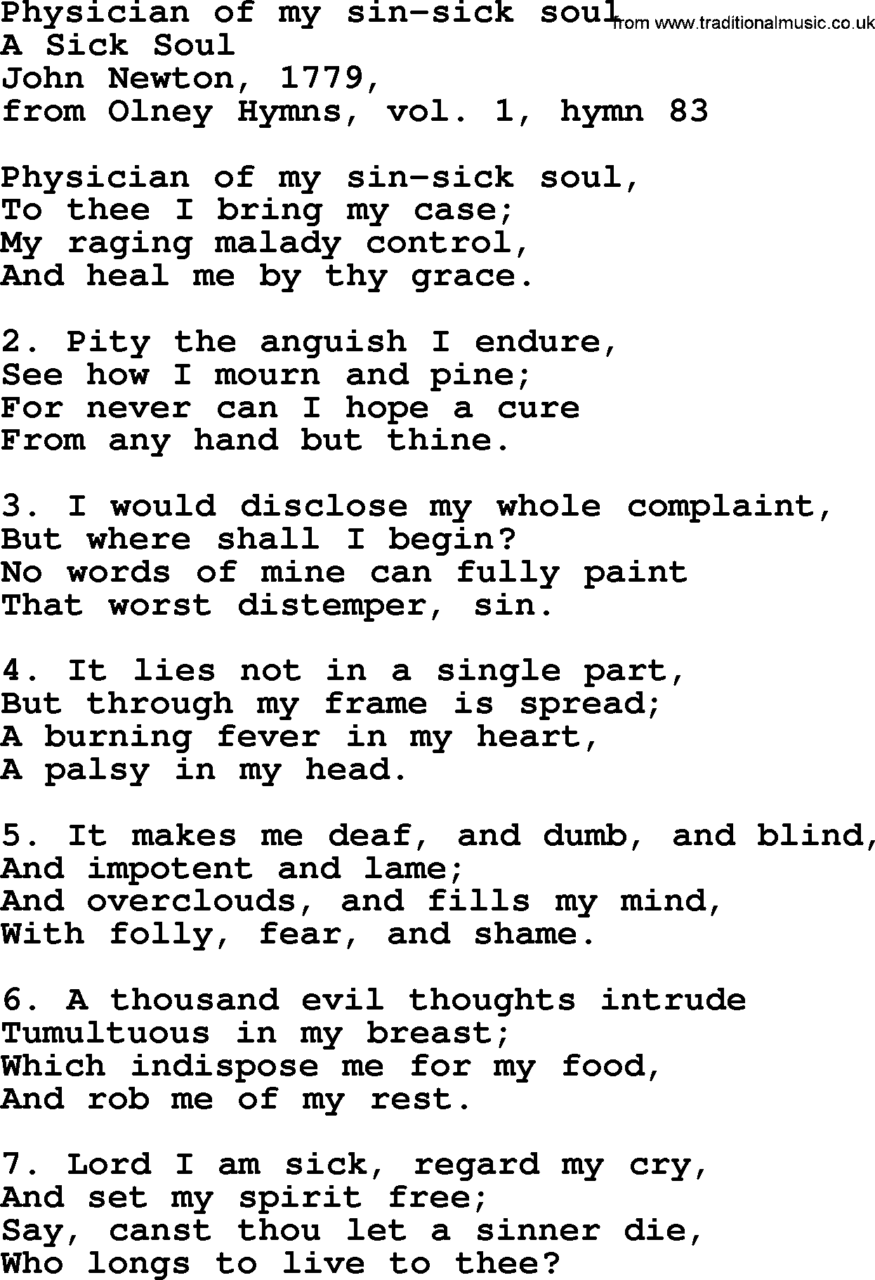John Newton hymn: Physician Of My Sin-sick Soul, lyrics