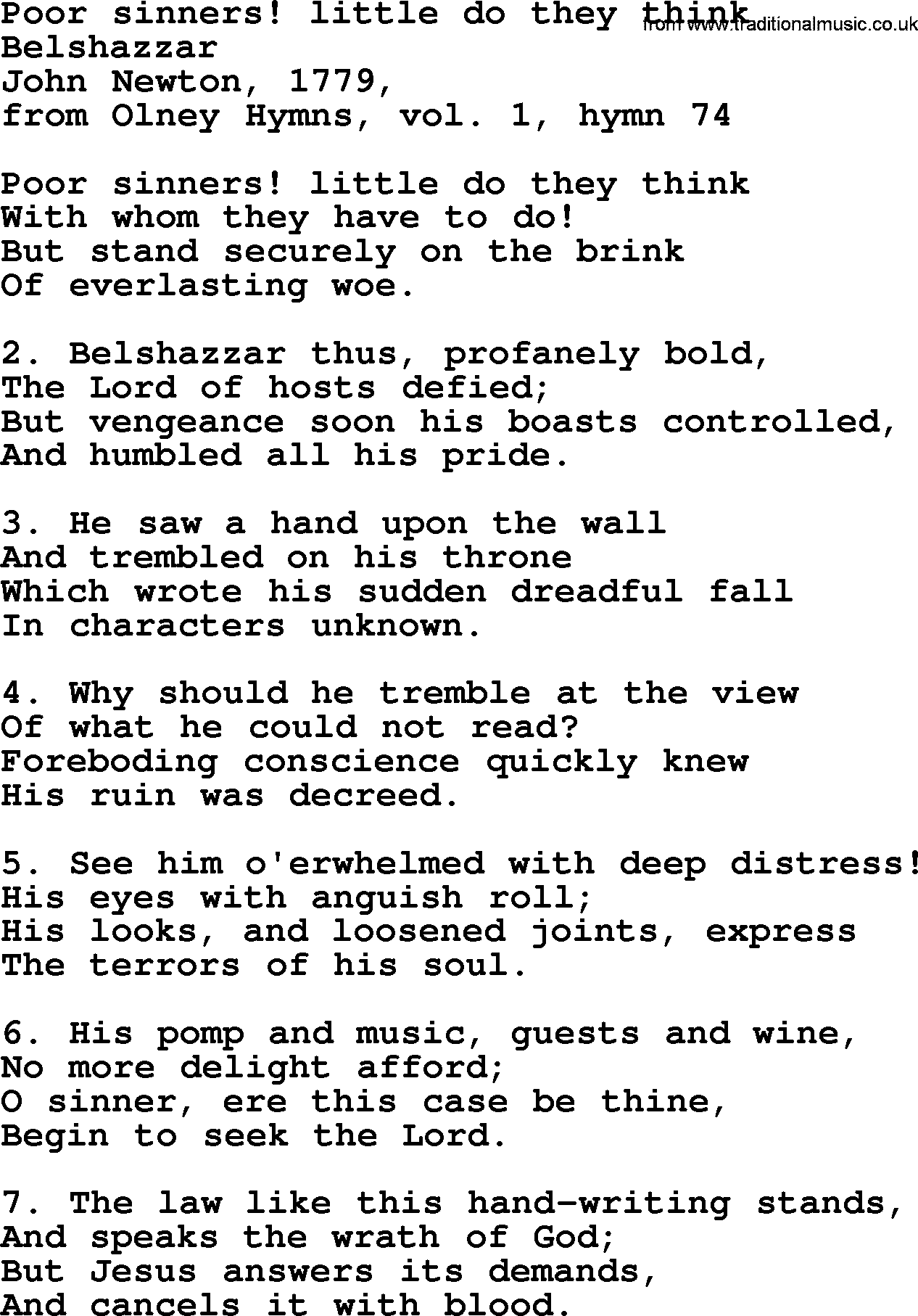 John Newton hymn: Poor Sinners  Little Do They Think, lyrics