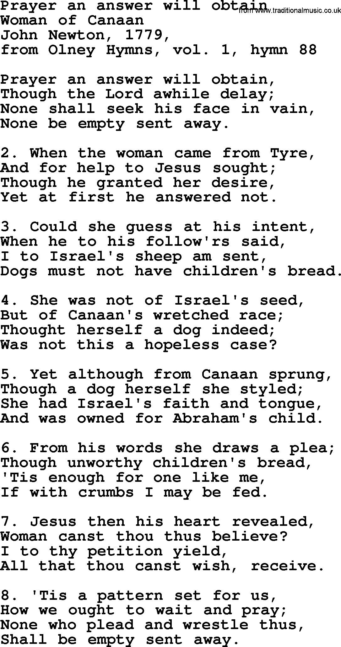 John Newton hymn: Prayer An Answer Will Obtain, lyrics