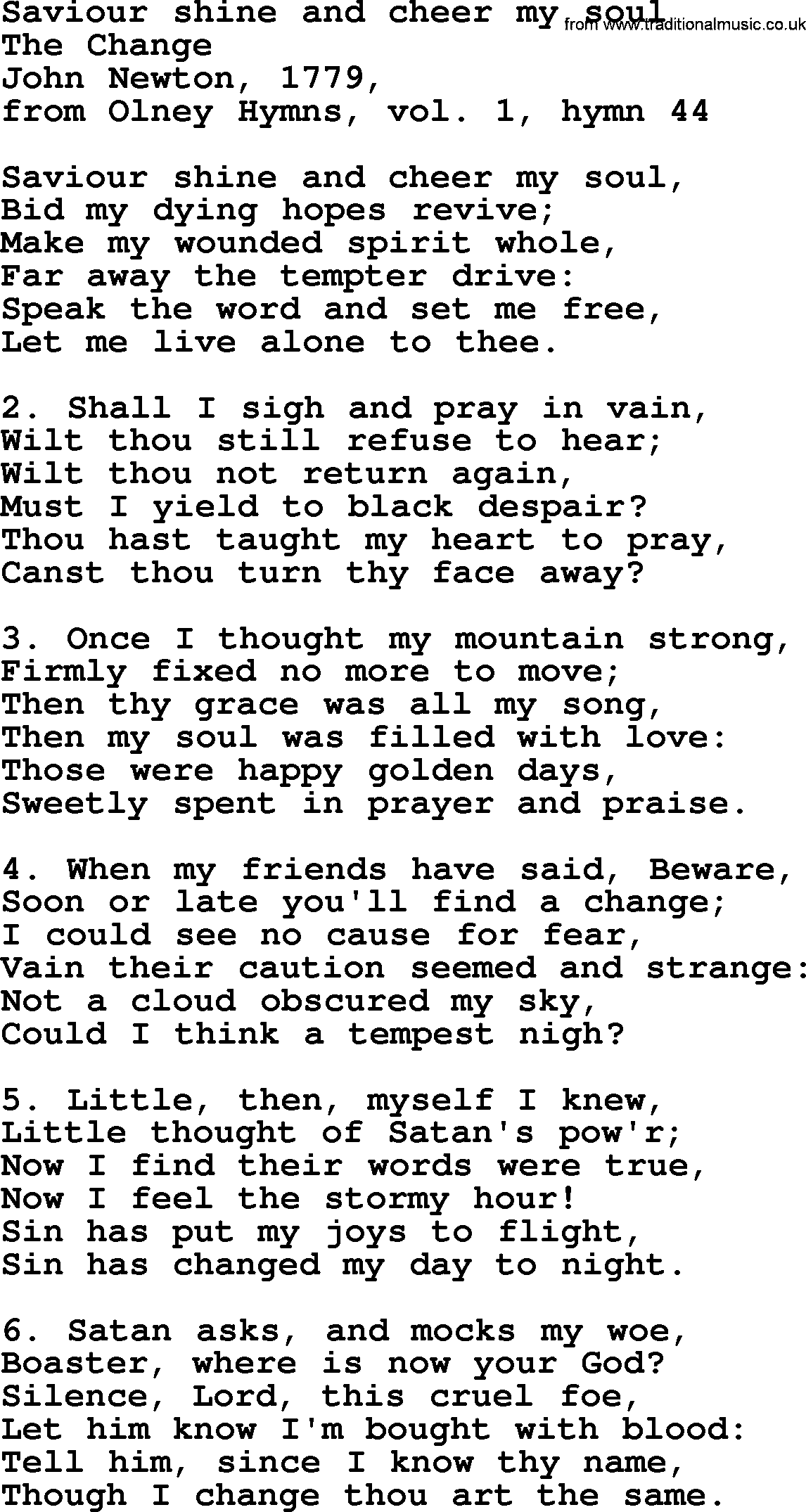 John Newton hymn: Saviour Shine And Cheer My Soul, lyrics