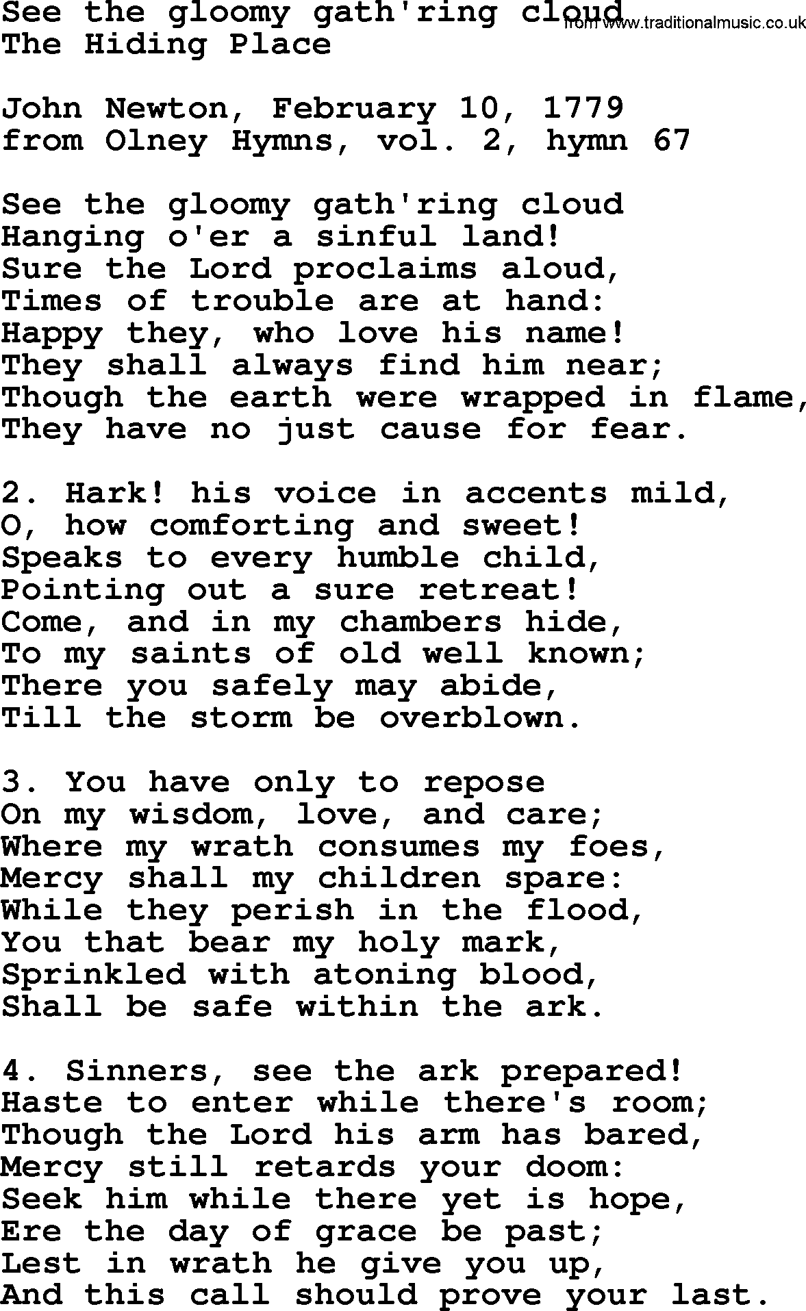 John Newton hymn: See The Gloomy Gath'ring Cloud, lyrics