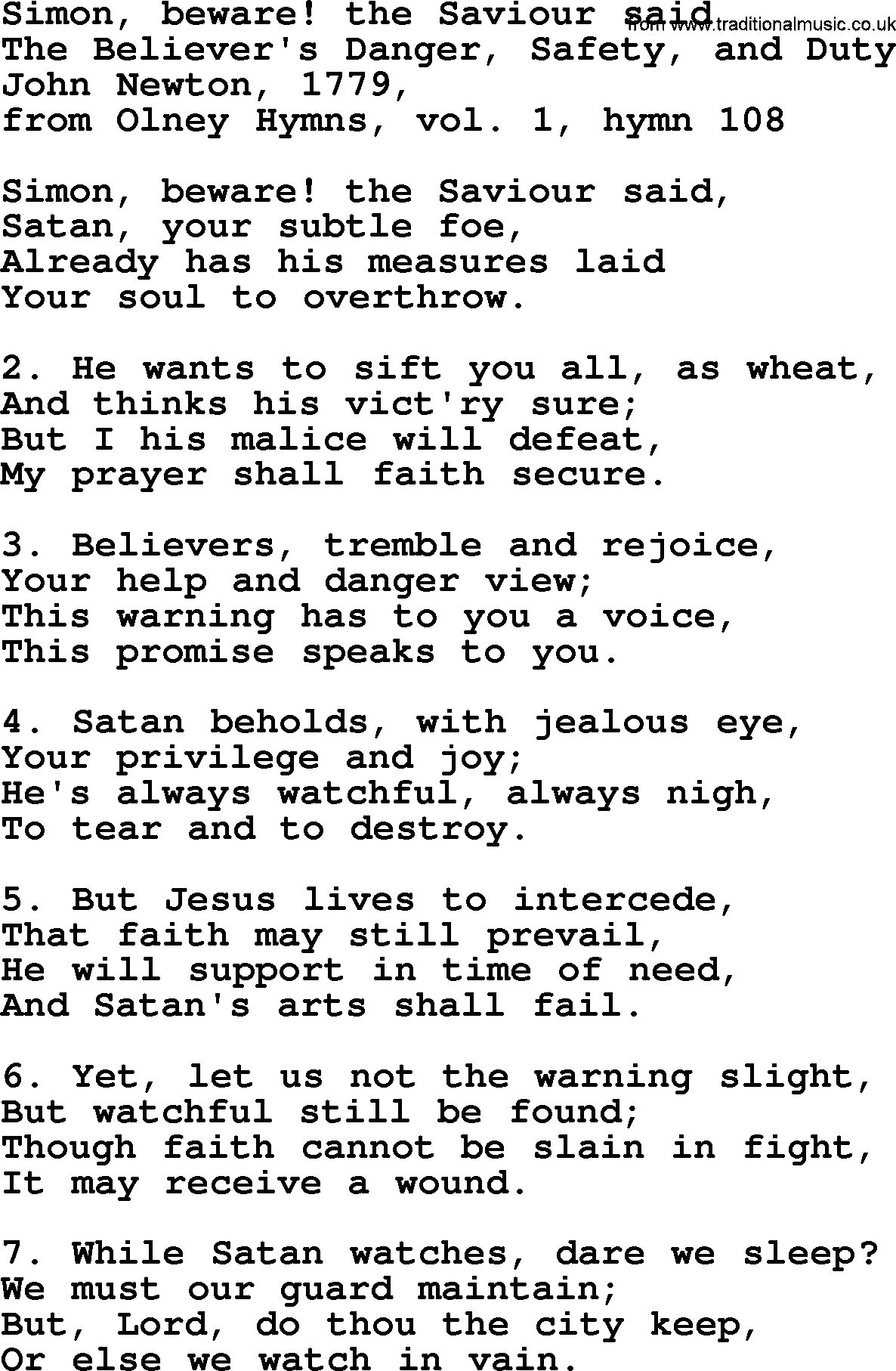 John Newton hymn: Simon, Beware  The Saviour Said, lyrics