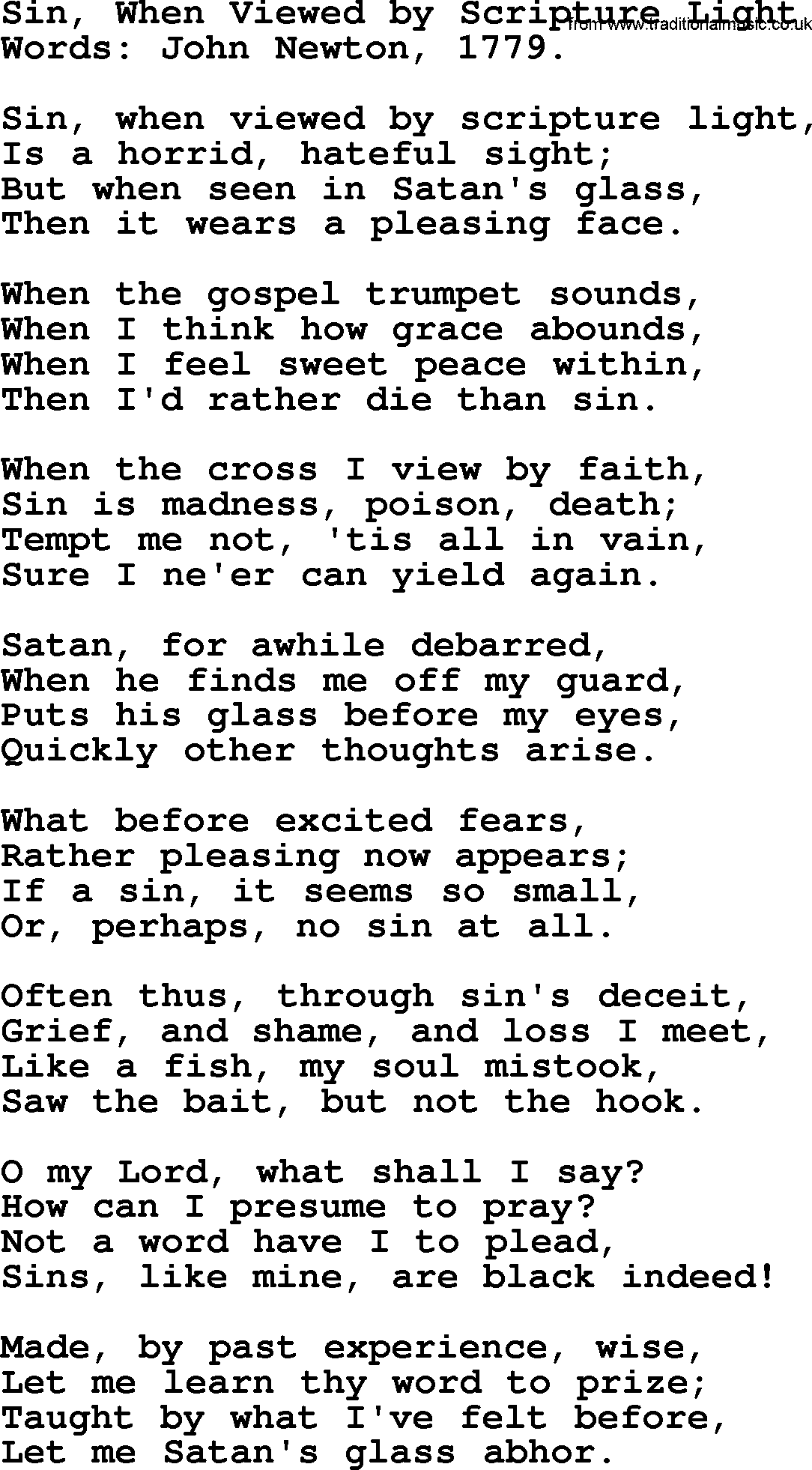 John Newton hymn: Sin, When Viewed By Scripture Light, lyrics