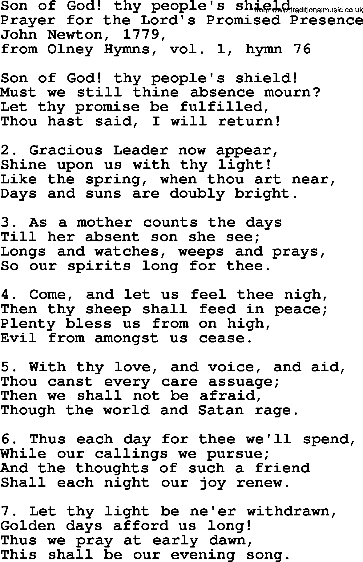 John Newton hymn: Son Of God  Thy People's Shield, lyrics