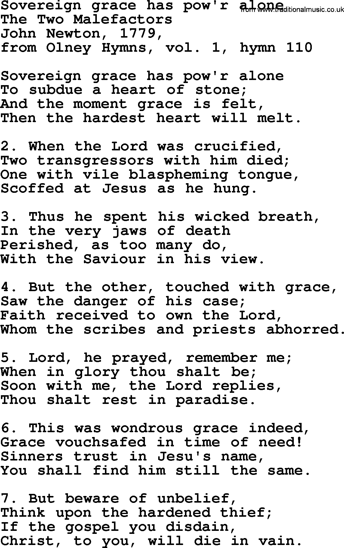 John Newton hymn: Sovereign Grace Has Pow'r Alone, lyrics