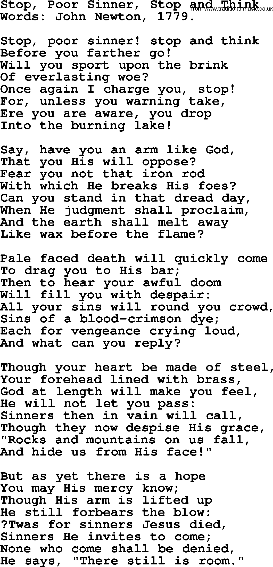 John Newton hymn: Stop, Poor Sinner, Stop And Think, lyrics