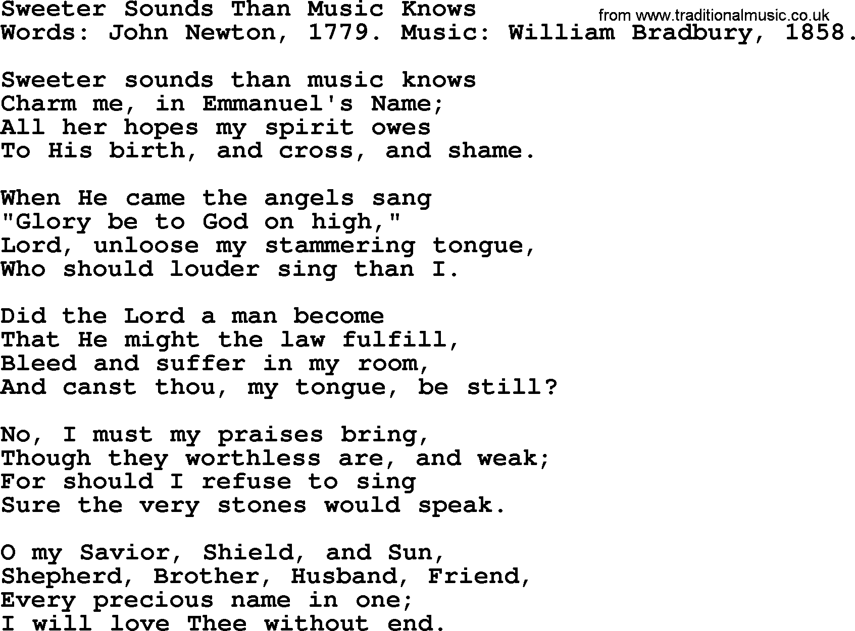 John Newton hymn: Sweeter Sounds Than Music Knows, lyrics