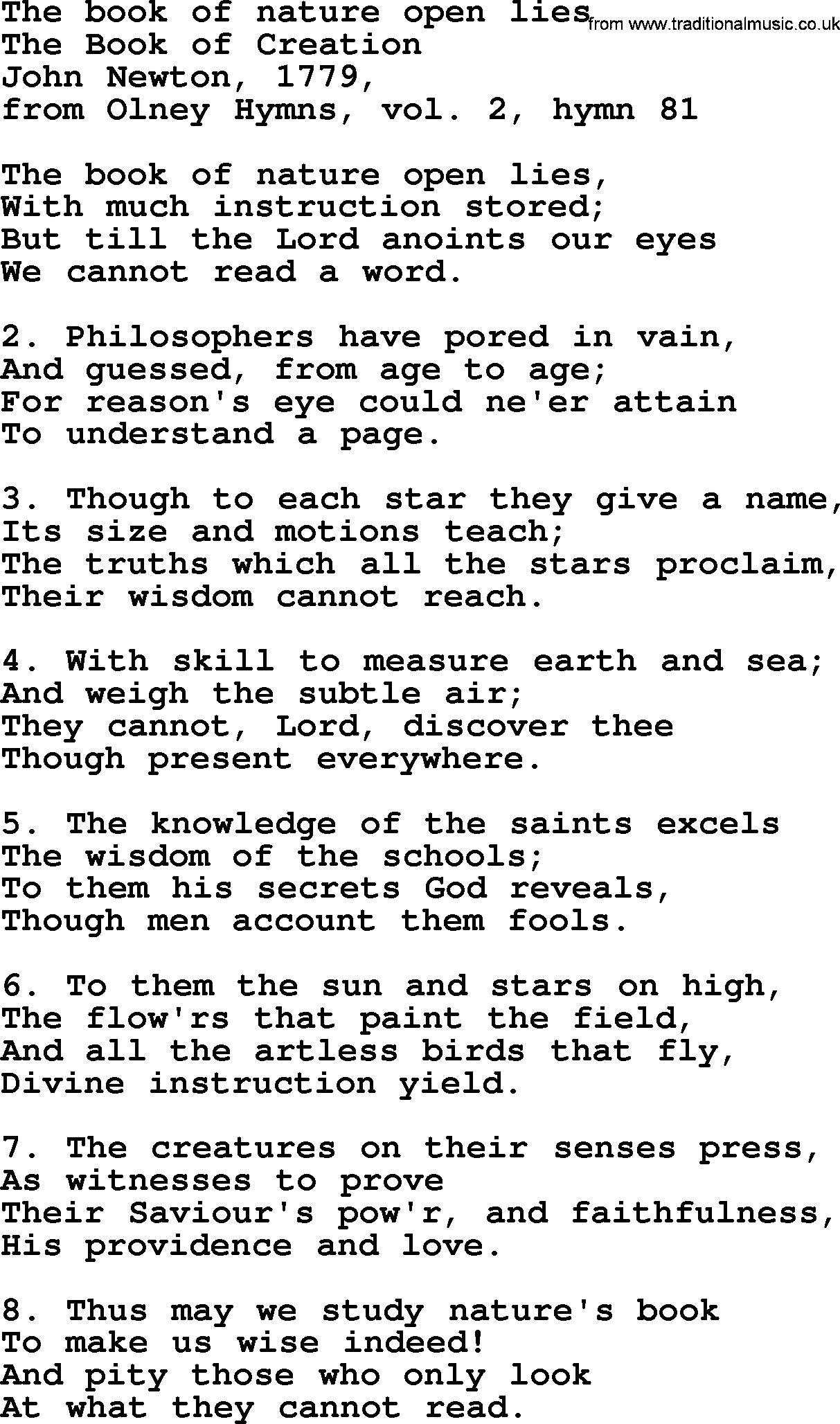 John Newton hymn: The Book Of Nature Open Lies, lyrics