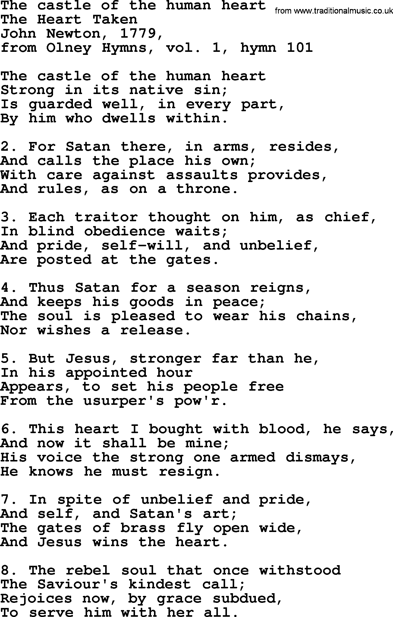 John Newton hymn: The Castle Of The Human Heart, lyrics