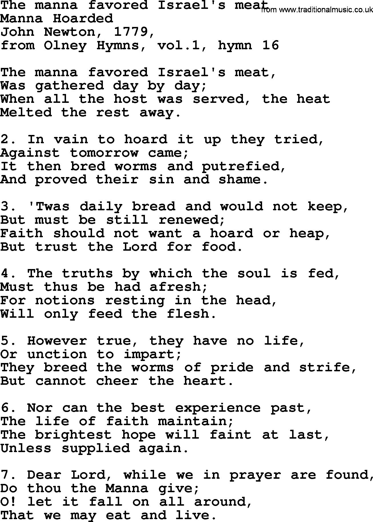 John Newton hymn: The Manna Favored Israel's Meat, lyrics