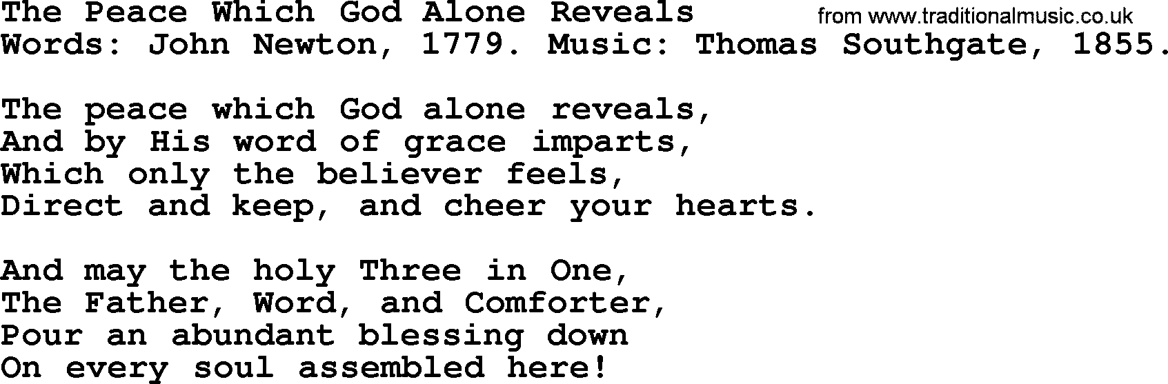 John Newton hymn: The Peace Which God Alone Reveals, lyrics