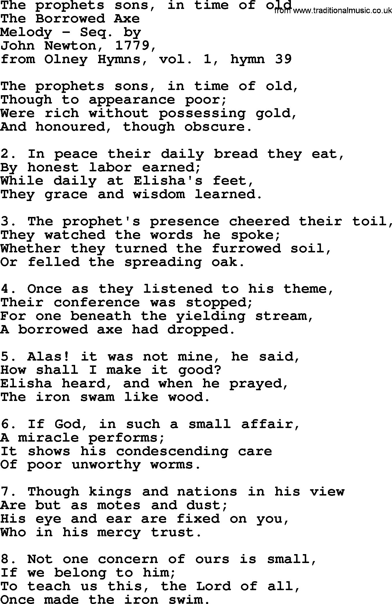 John Newton hymn: The Prophets Sons, In Time Of Old, lyrics