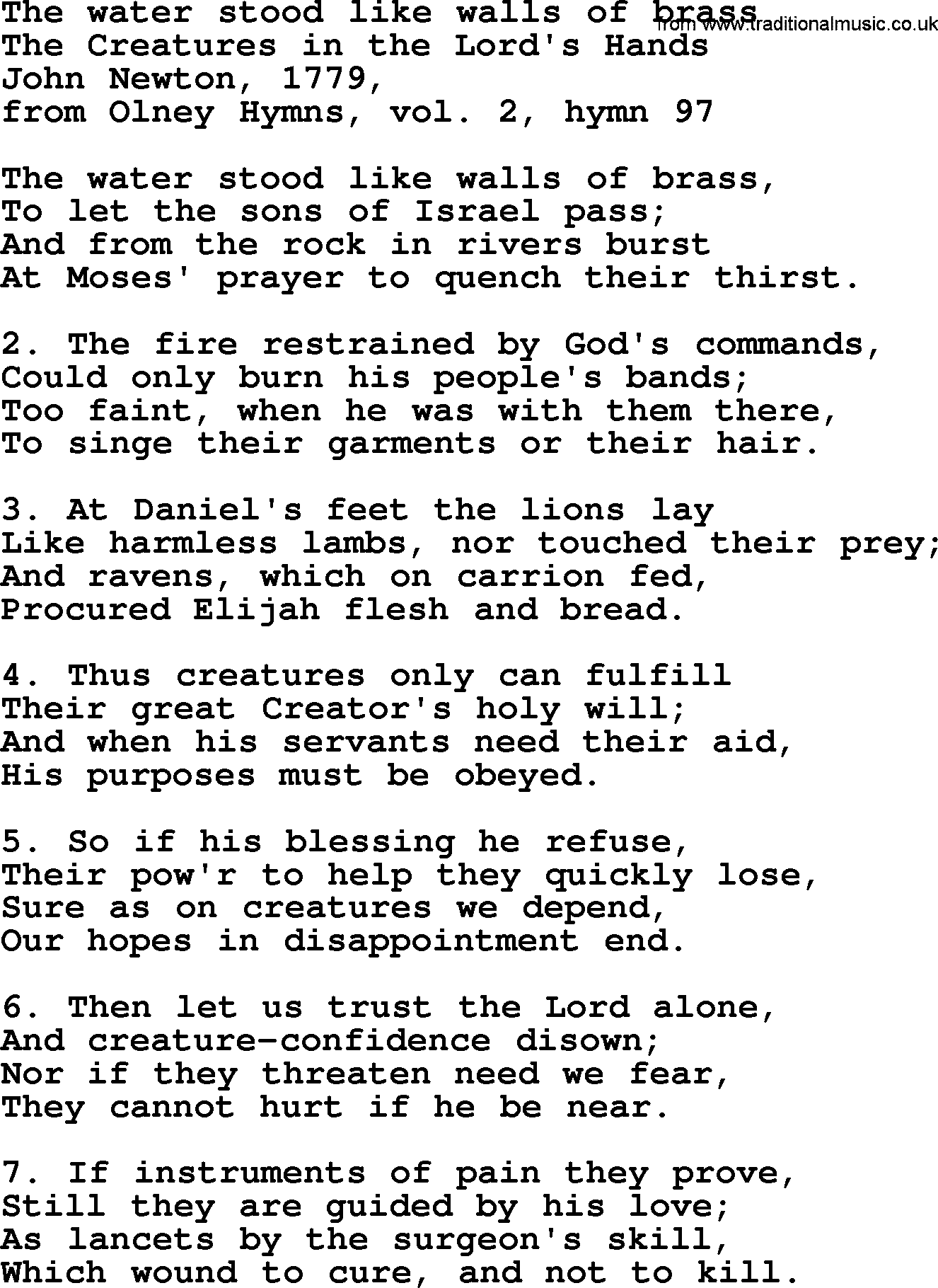 John Newton hymn: The Water Stood Like Walls Of Brass, lyrics