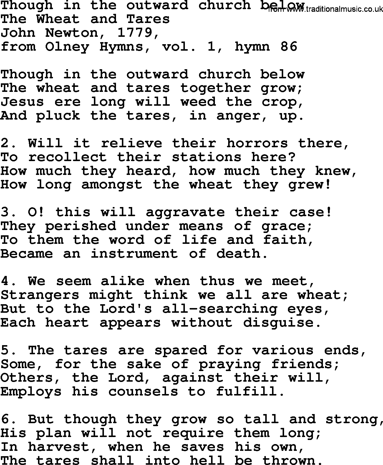 John Newton hymn: Though In The Outward Church Below, lyrics