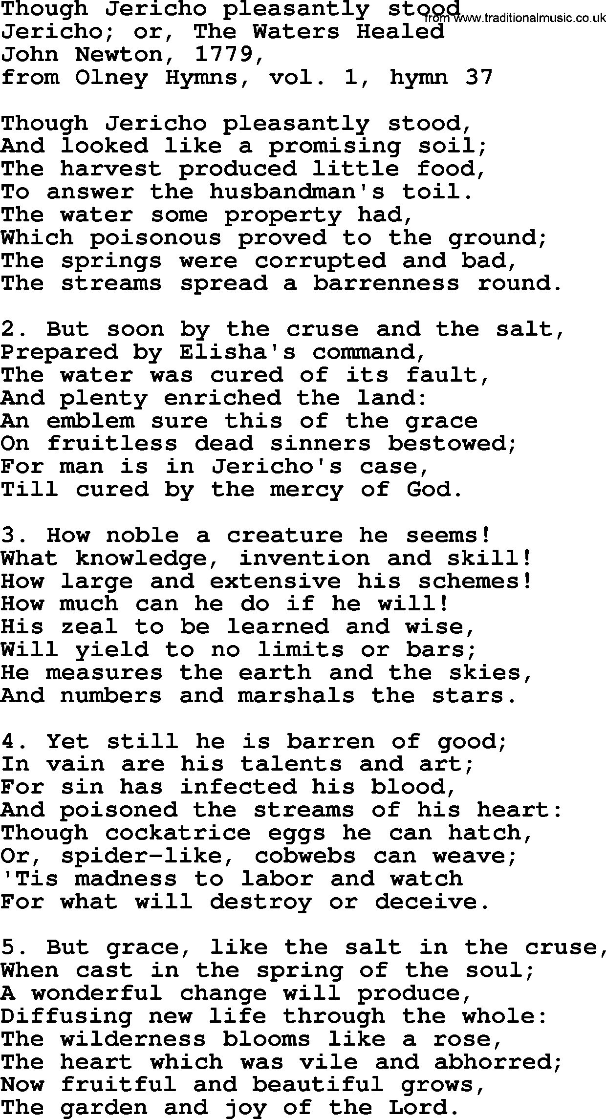 John Newton hymn: Though Jericho Pleasantly Stood, lyrics
