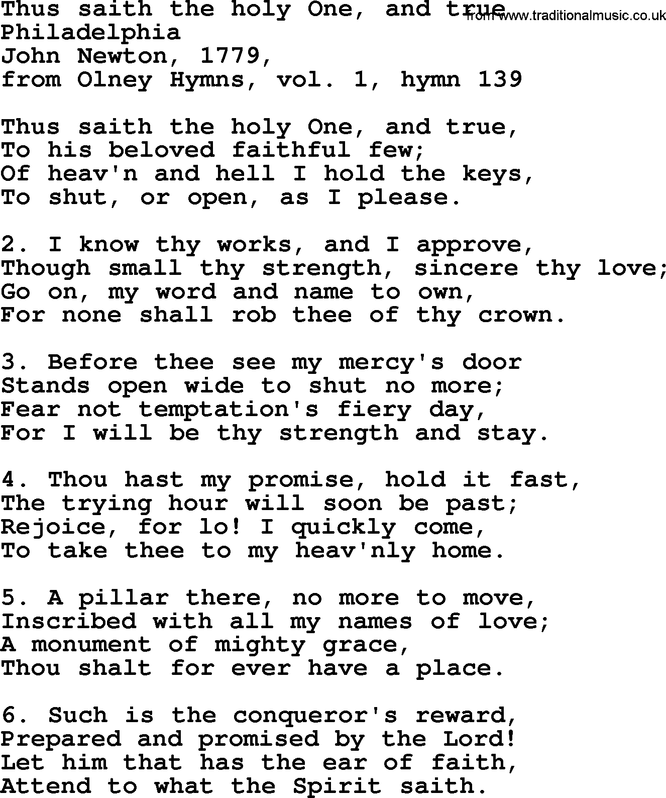 John Newton hymn: Thus Saith The Holy One, And True, lyrics