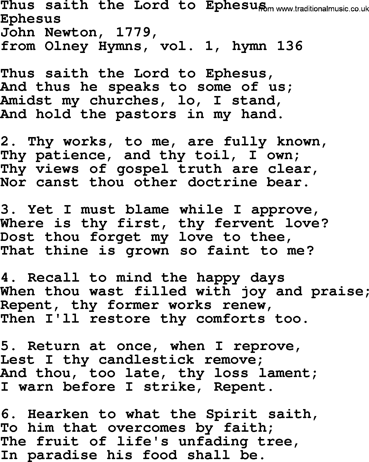John Newton hymn: Thus Saith The Lord To Ephesus, lyrics