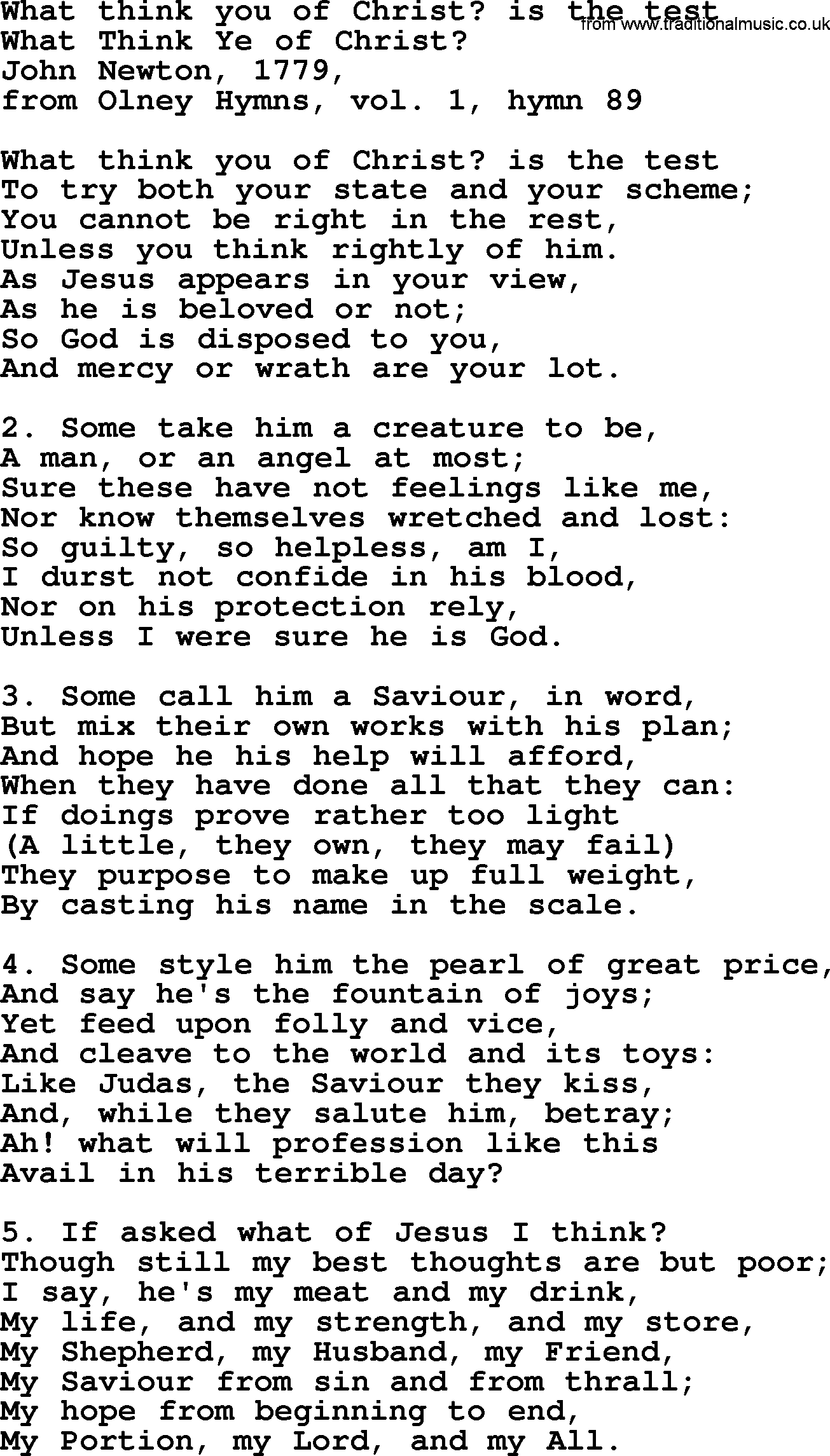 John Newton hymn: What Think You Of Christ_ Is The Test, lyrics