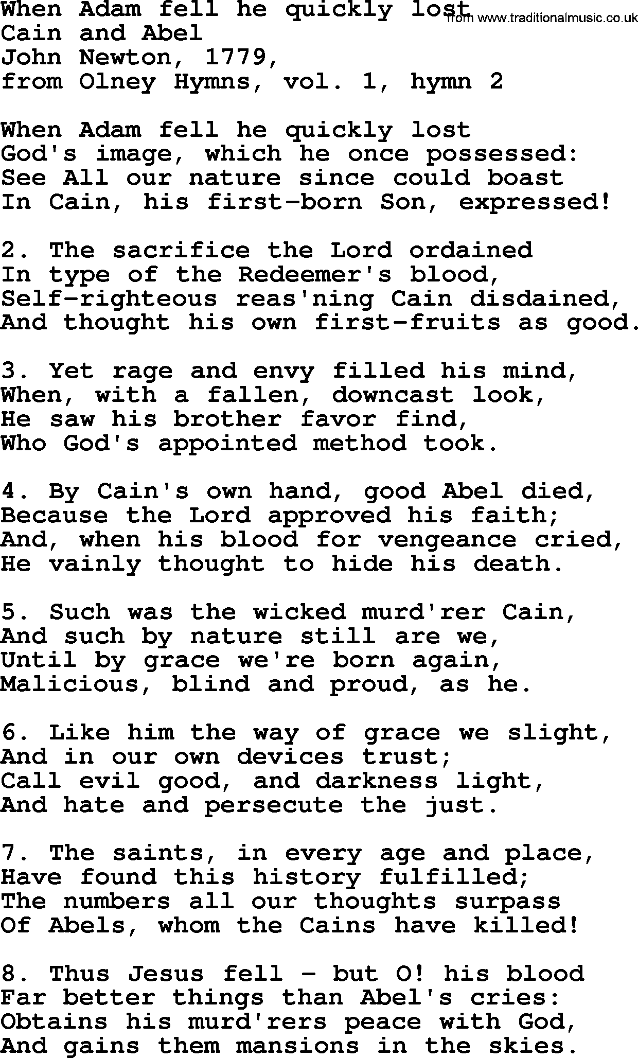 John Newton hymn: When Adam Fell He Quickly Lost, lyrics