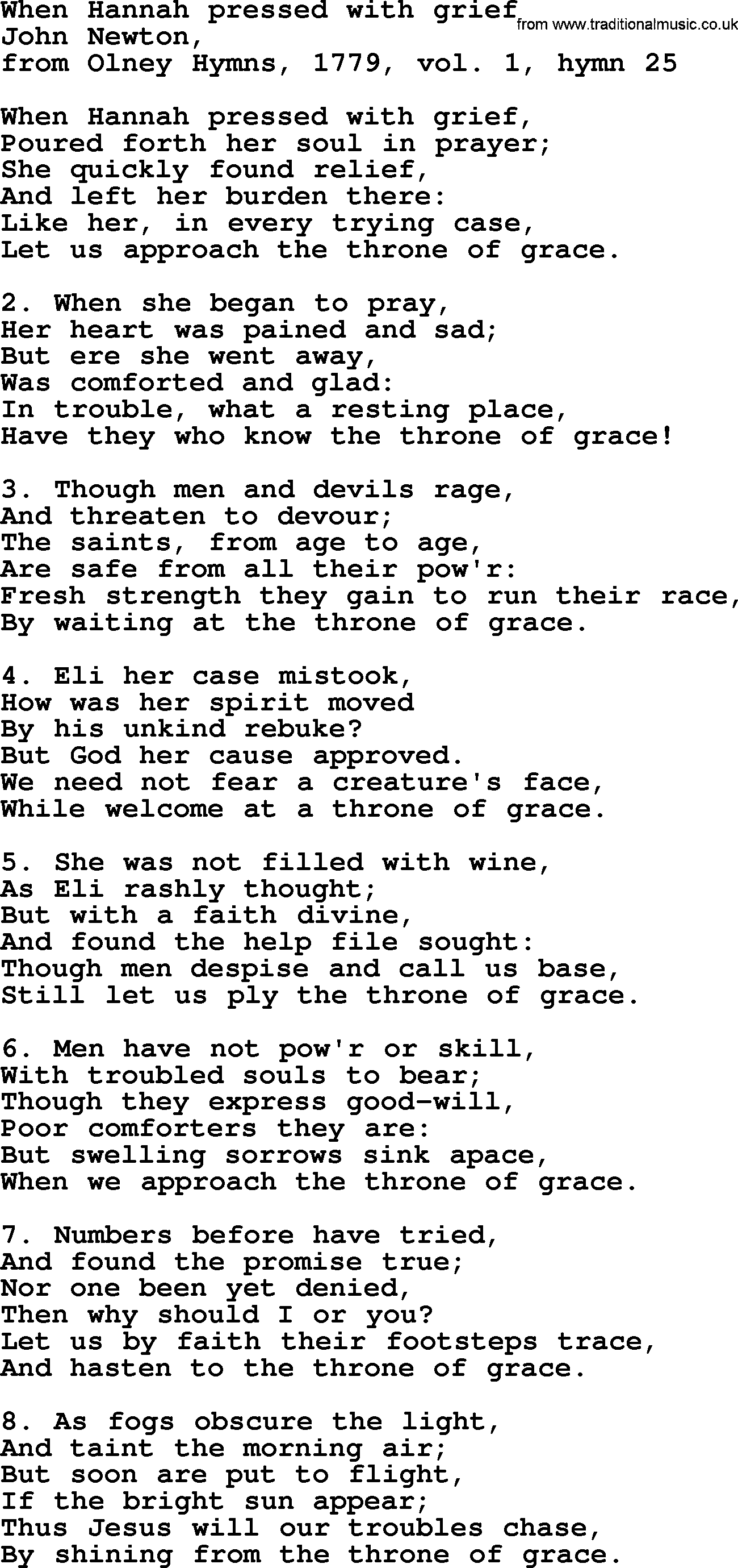 John Newton hymn: When Hannah Pressed With Grief, lyrics