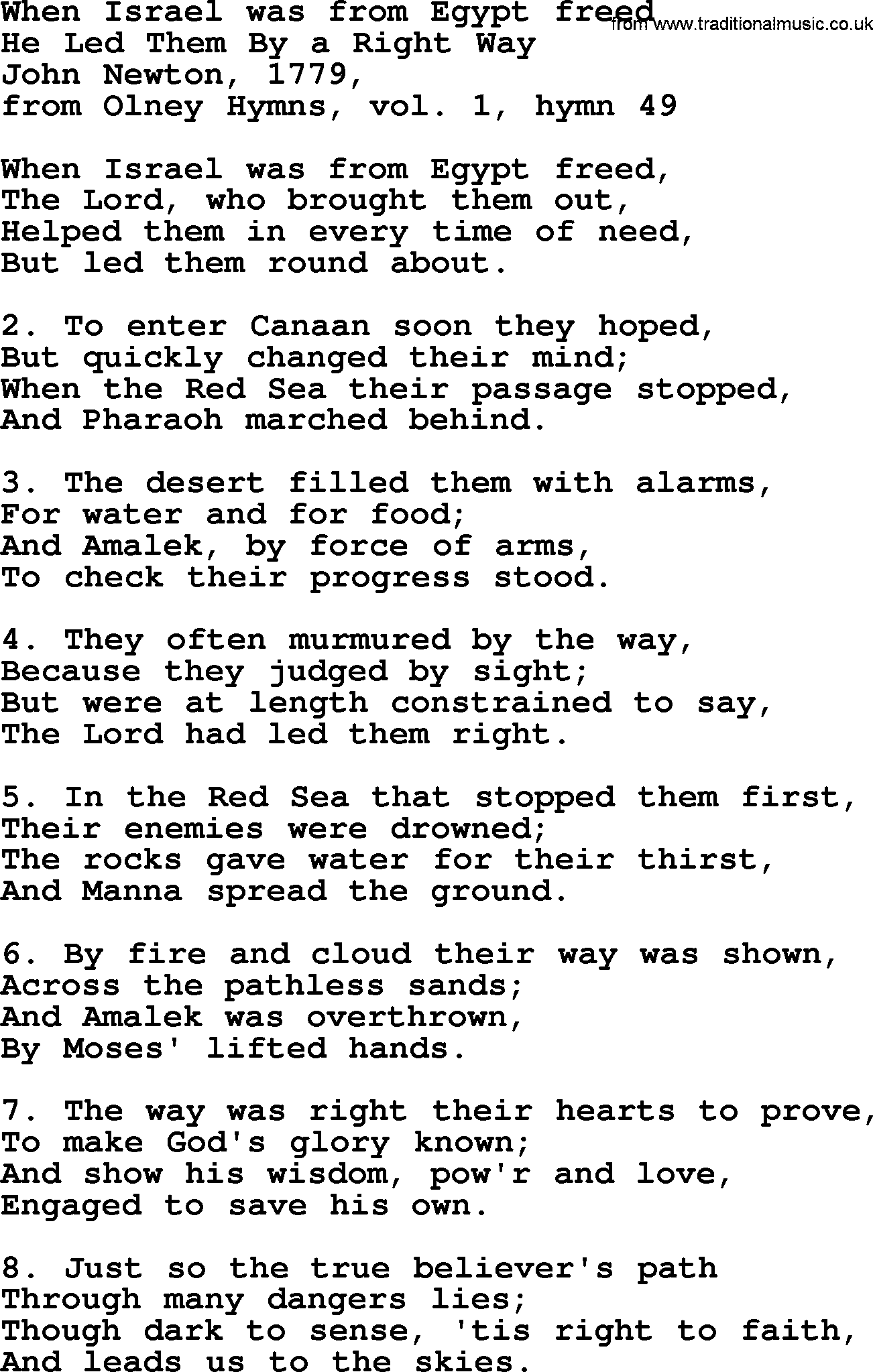 John Newton hymn: When Israel Was From Egypt Freed, lyrics