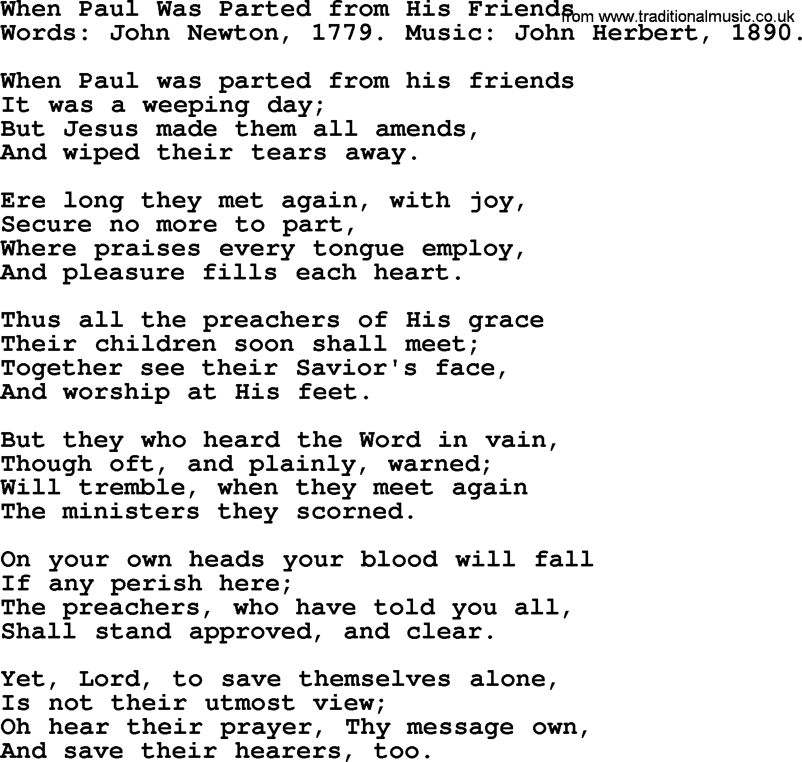John Newton hymn: When Paul Was Parted From His Friends, lyrics