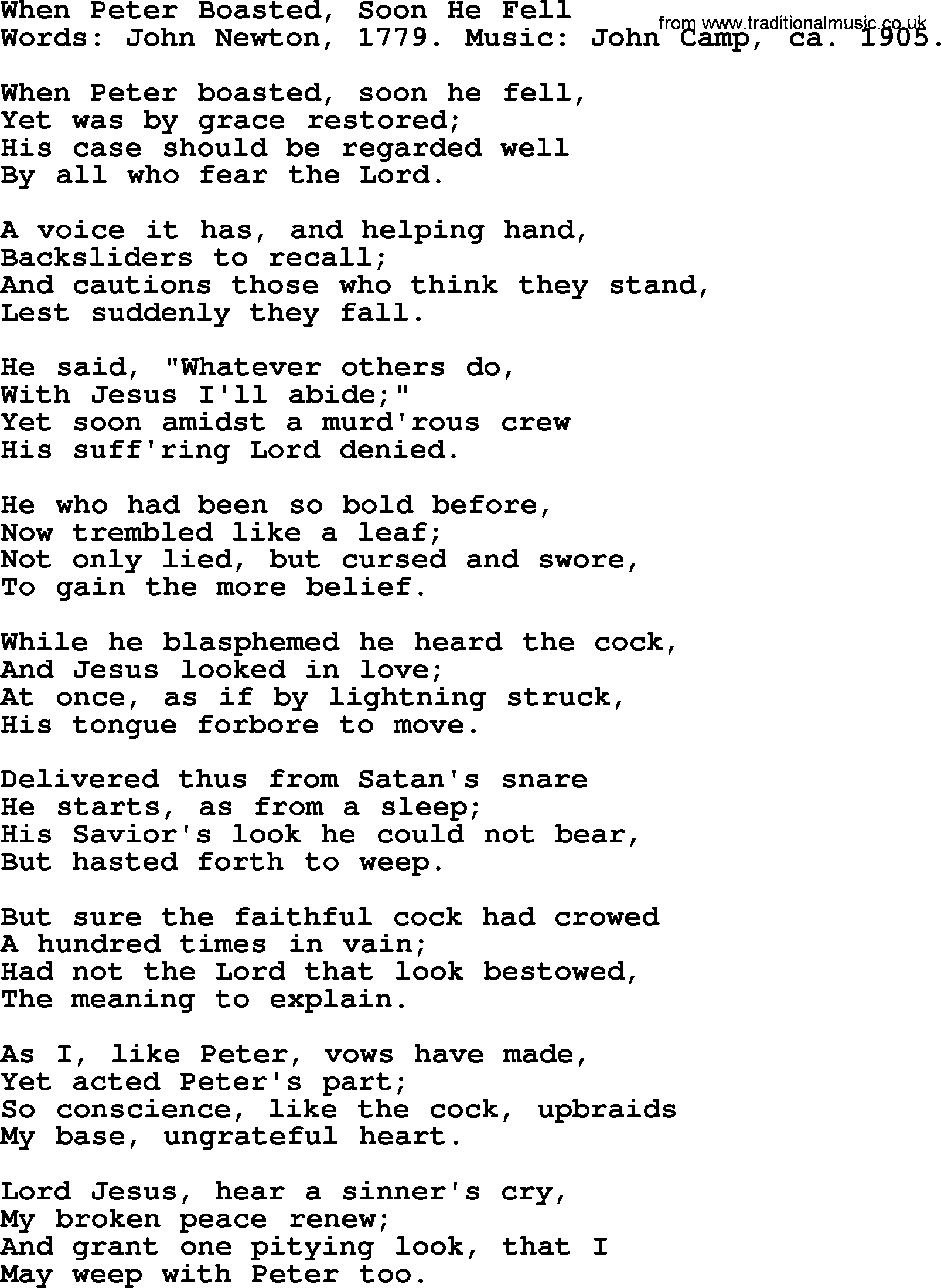 John Newton hymn: When Peter Boasted, Soon He Fell, lyrics