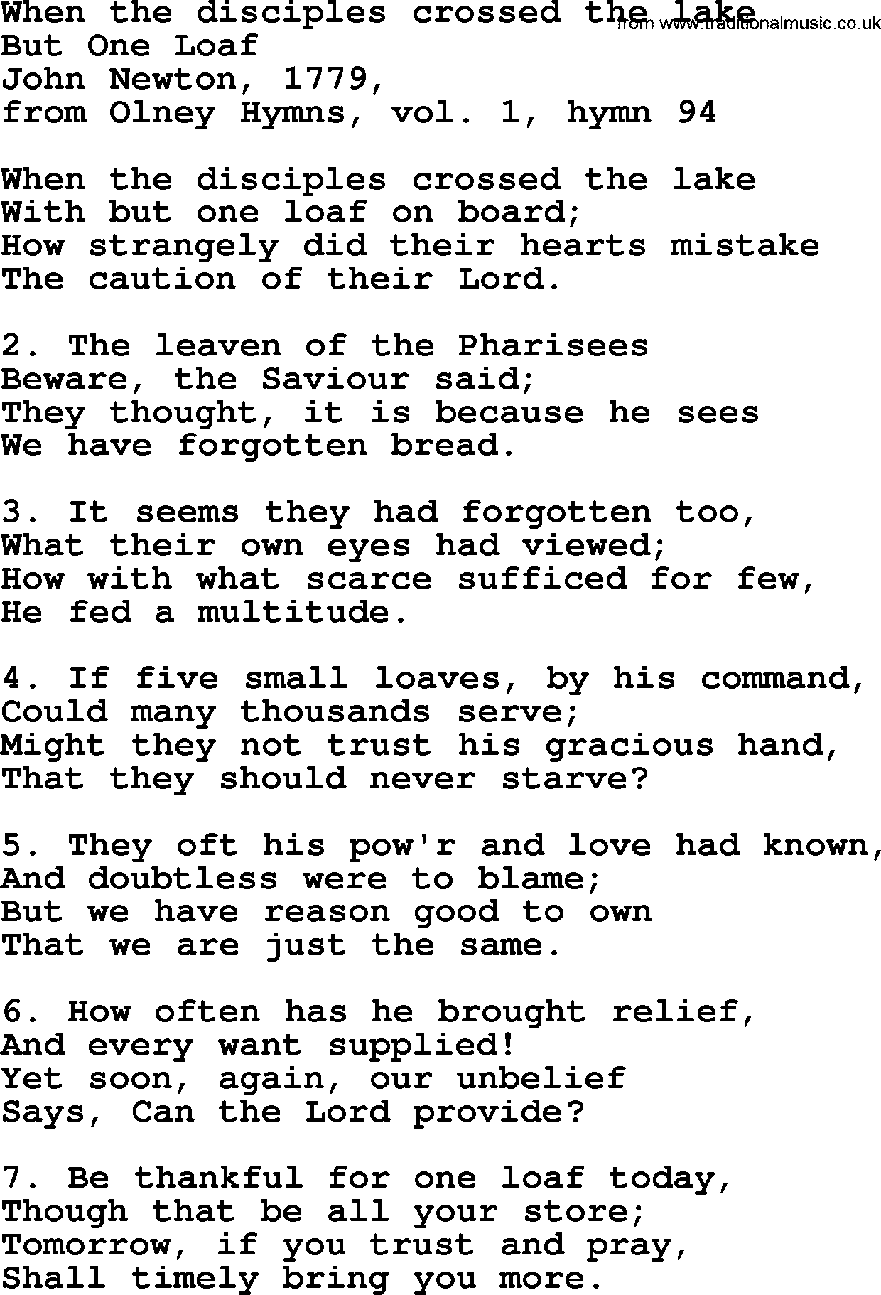 John Newton hymn: When The Disciples Crossed The Lake, lyrics