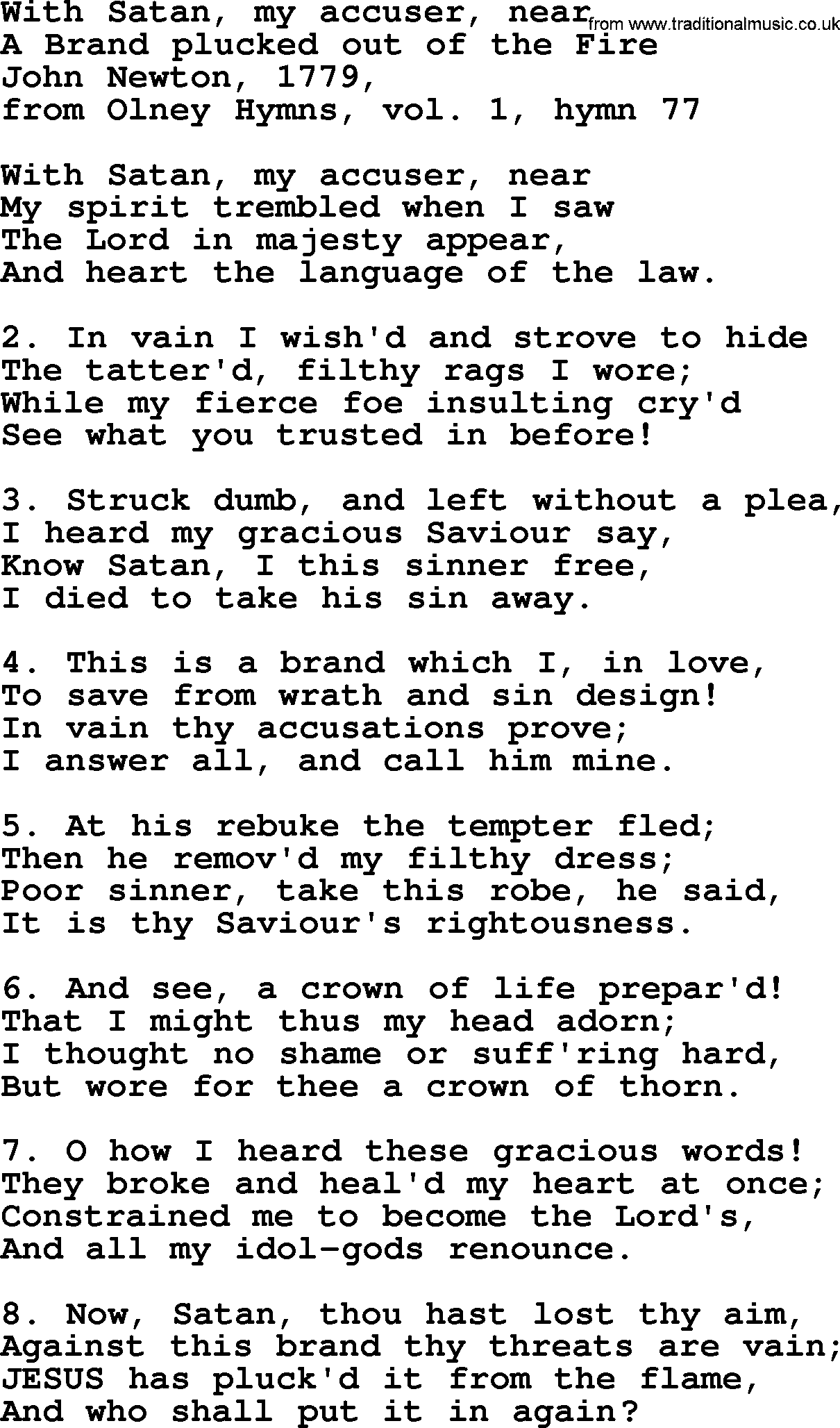 John Newton hymn: With Satan, My Accuser, Near, lyrics